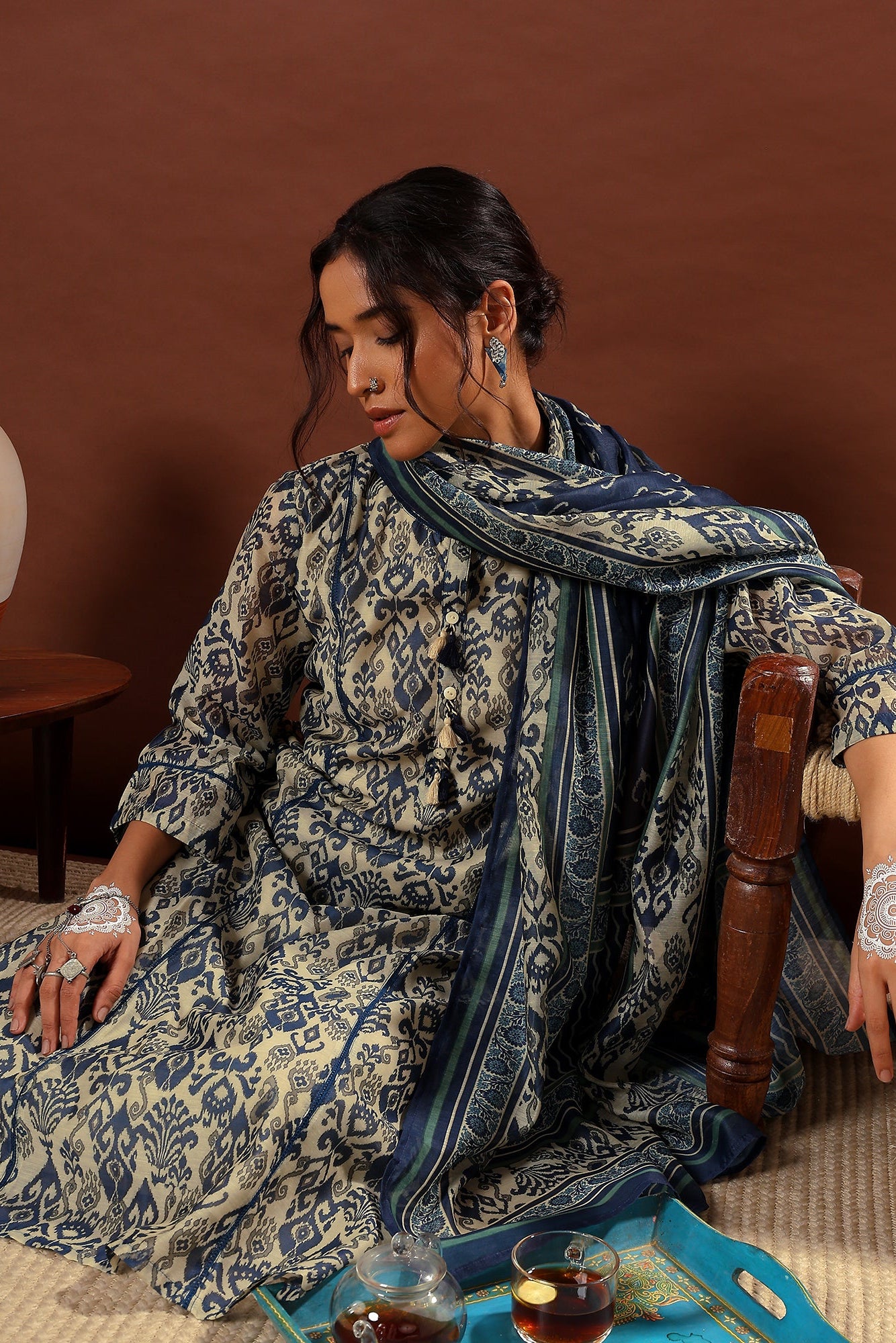 Mahek Midnight Blue Printed Chanderi Suit Set | HER-501