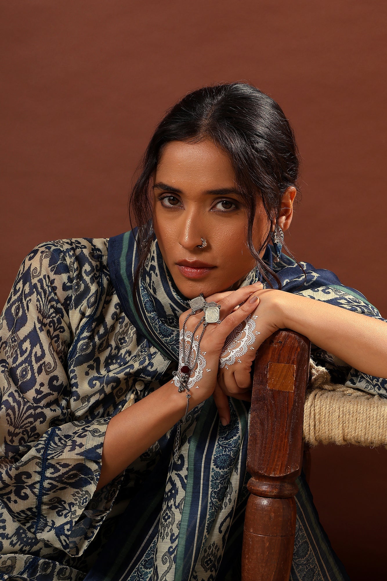 Mahek Midnight Blue Printed Chanderi Suit Set | HER-501