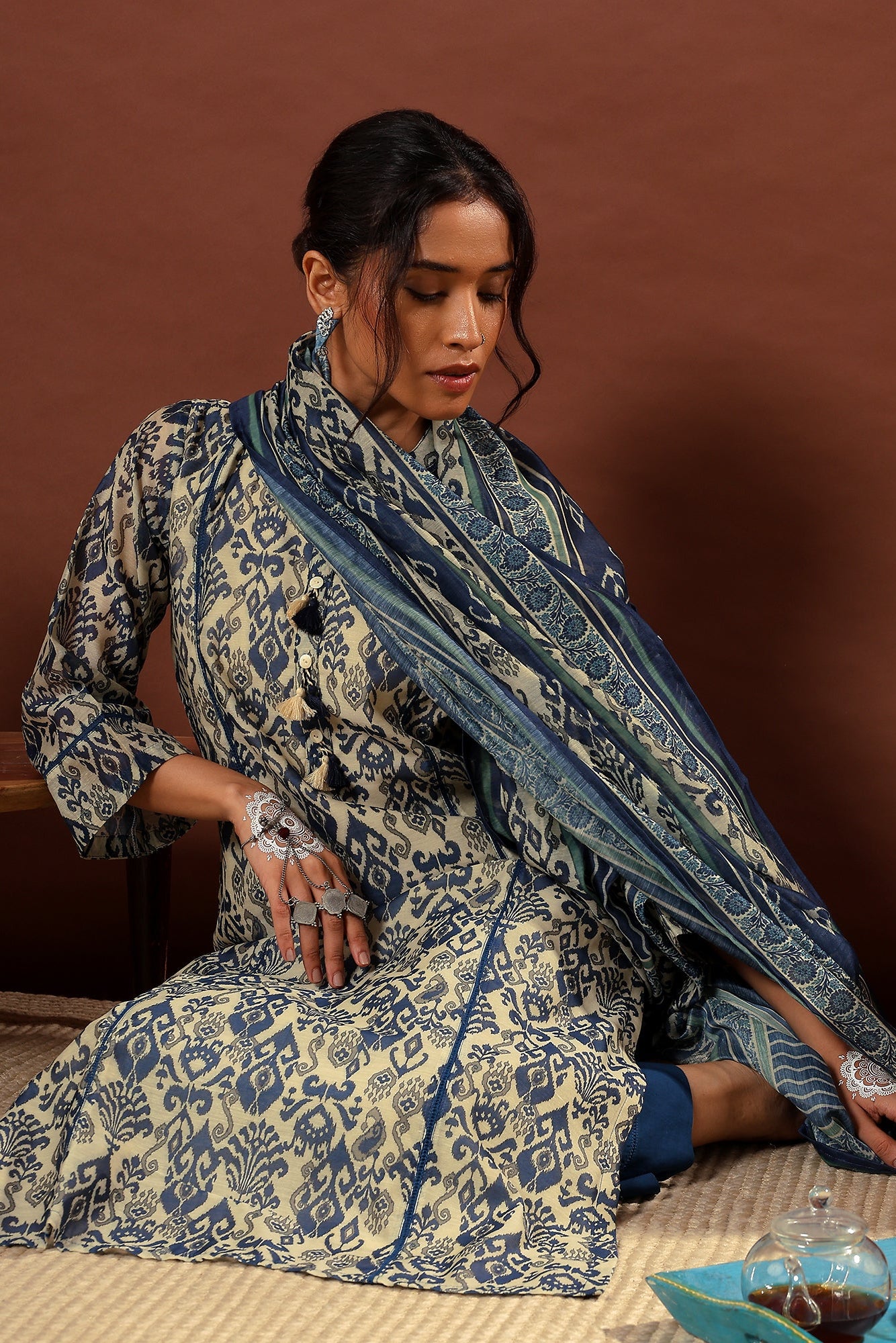 Mahek Midnight Blue Printed Chanderi Suit Set | HER-501