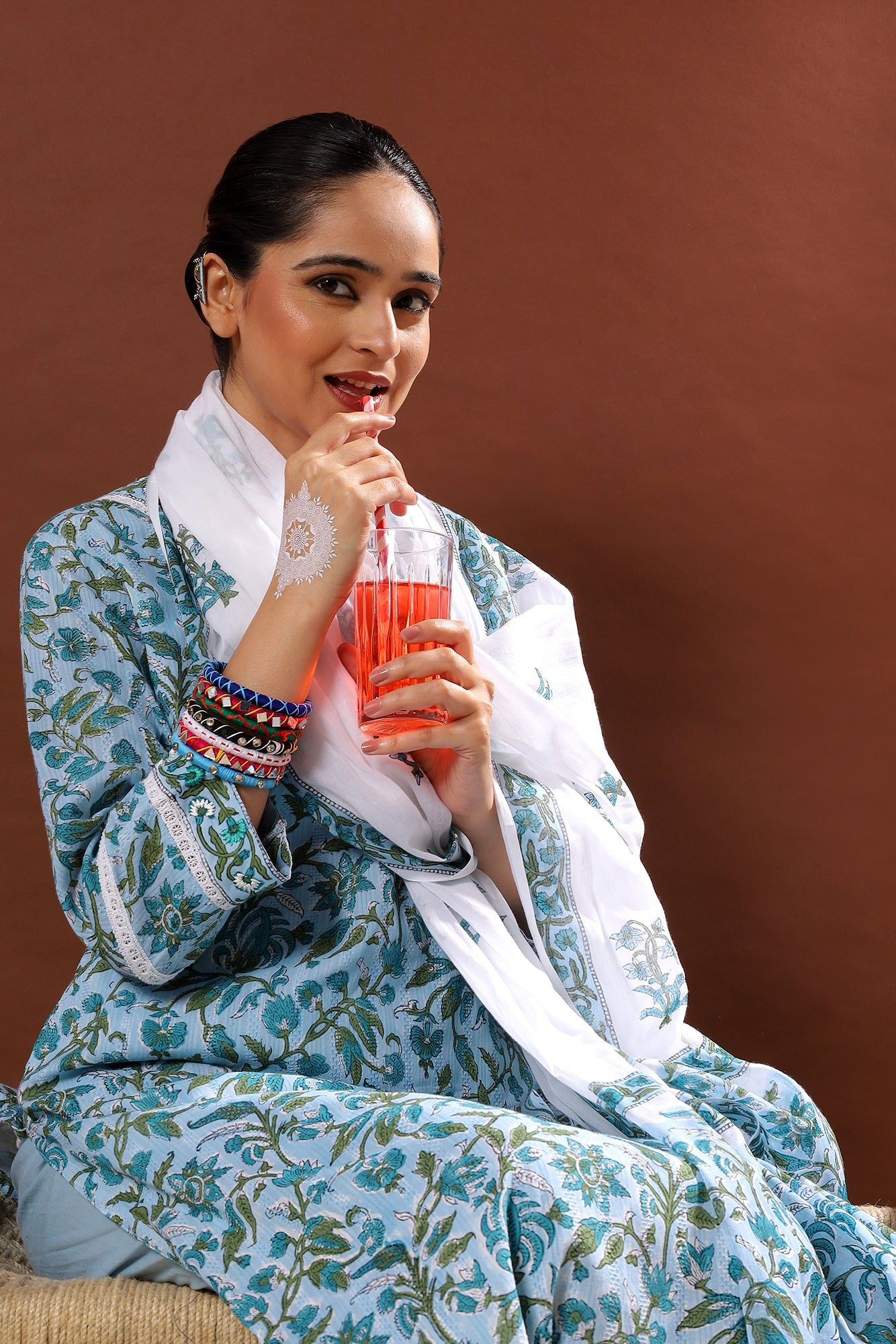 Nilofer Charm Sky Blue Cotton Suit Set