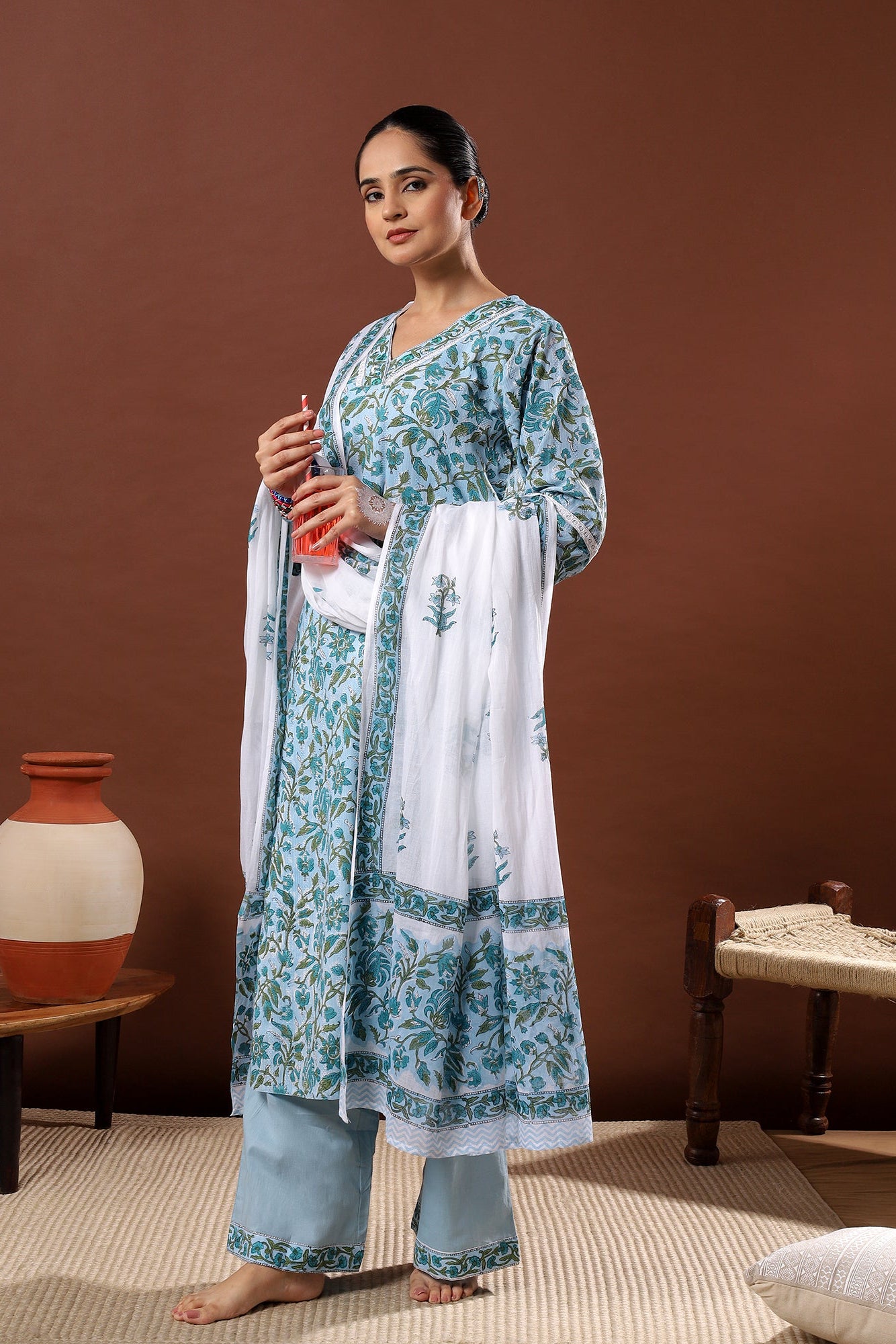 Nilofer Charm Sky Blue Cotton Suit Set