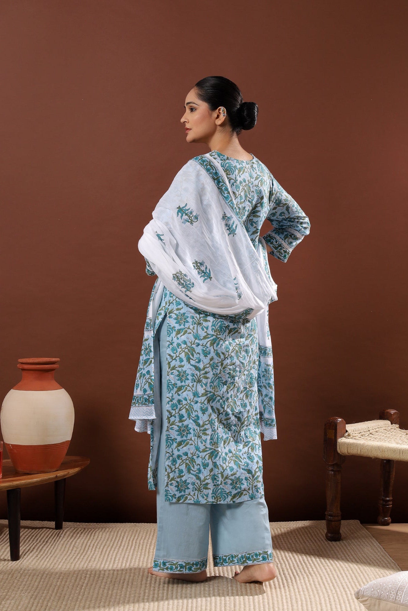 Nilofer Charm Sky Blue Cotton Suit Set