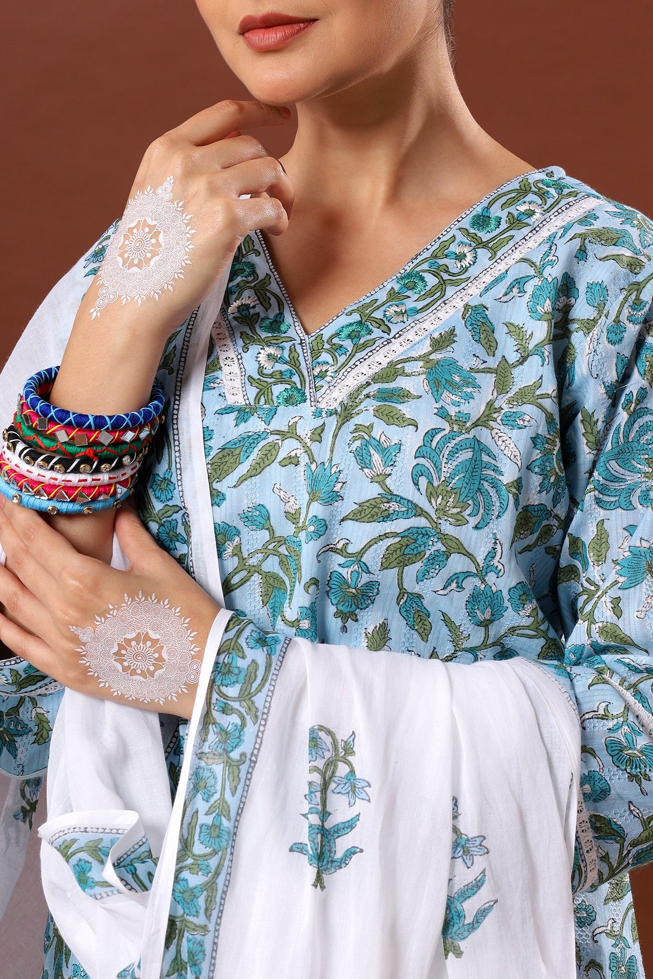 Nilofer Charm Sky Blue Cotton Suit Set