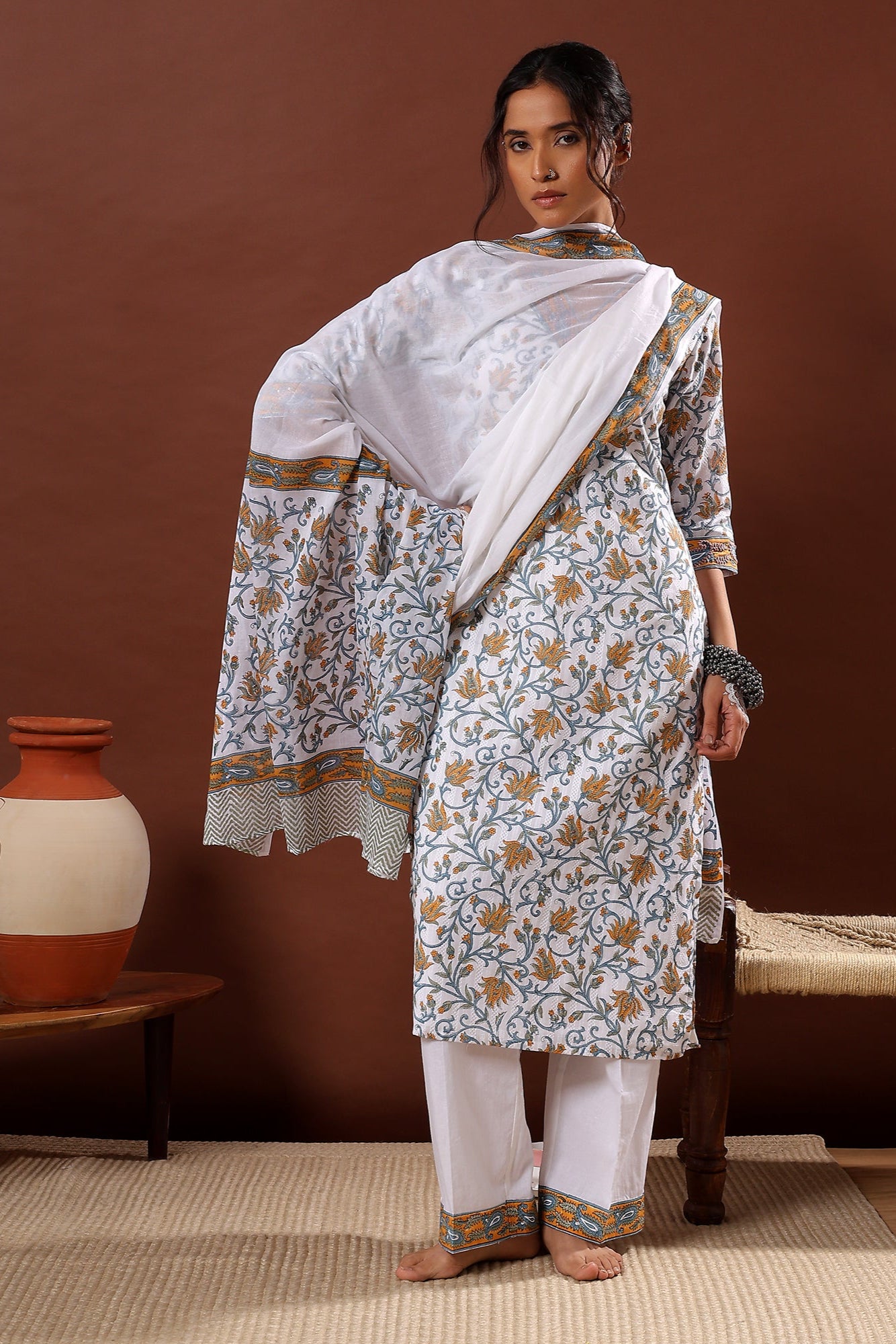 Gulnar Handblock Cotton Suit Set – White & Mustard
