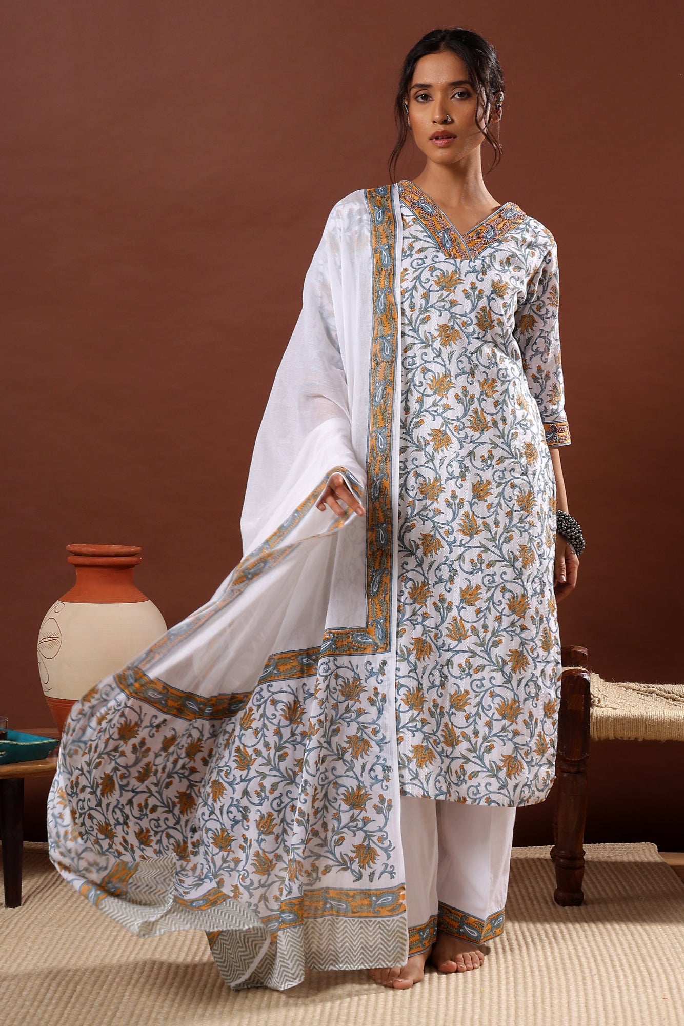 Gulnar Handblock Cotton Suit Set – White & Mustard