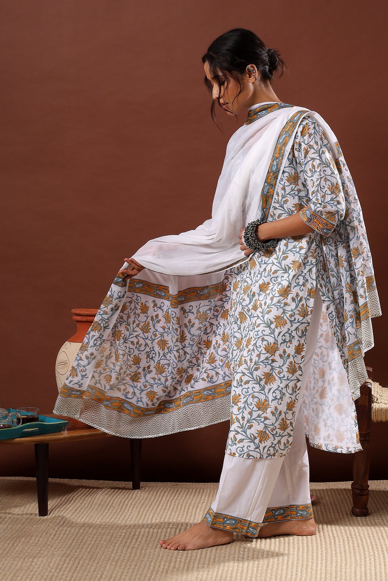 Gulnar Handblock Cotton Suit Set – White & Mustard
