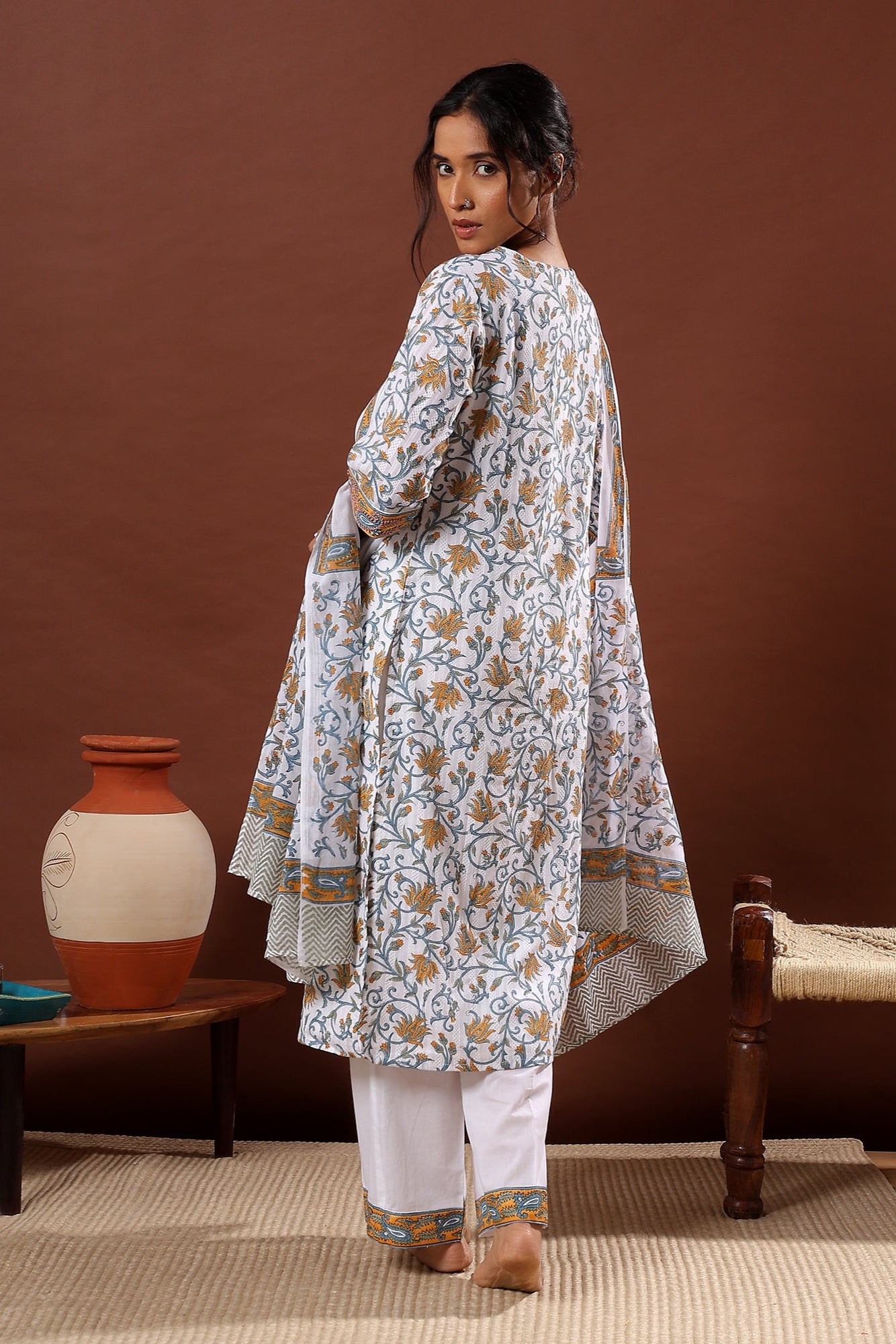 Gulnar Handblock Cotton Suit Set – White & Mustard