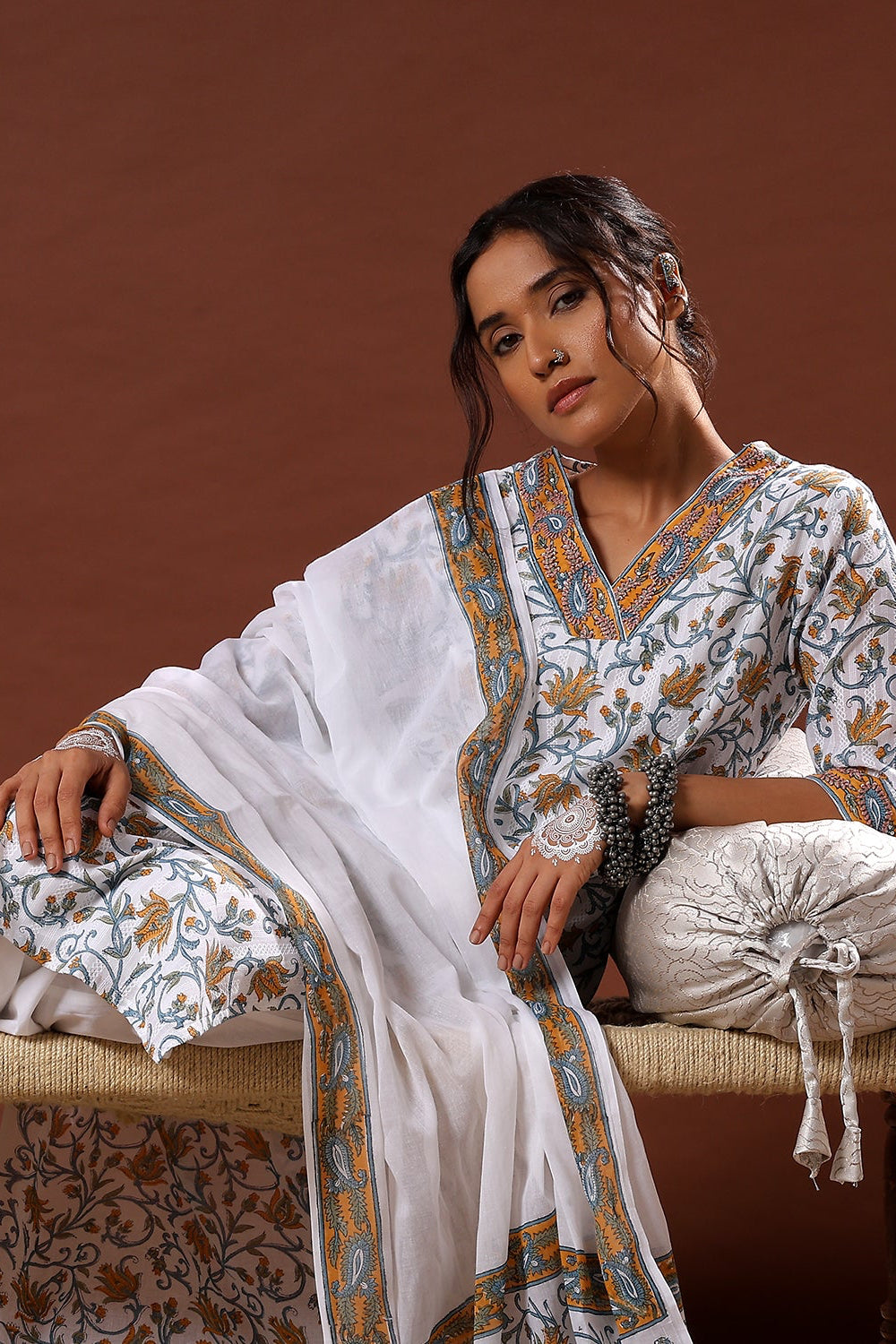 Gulnar Handblock Cotton Suit Set – White & Mustard