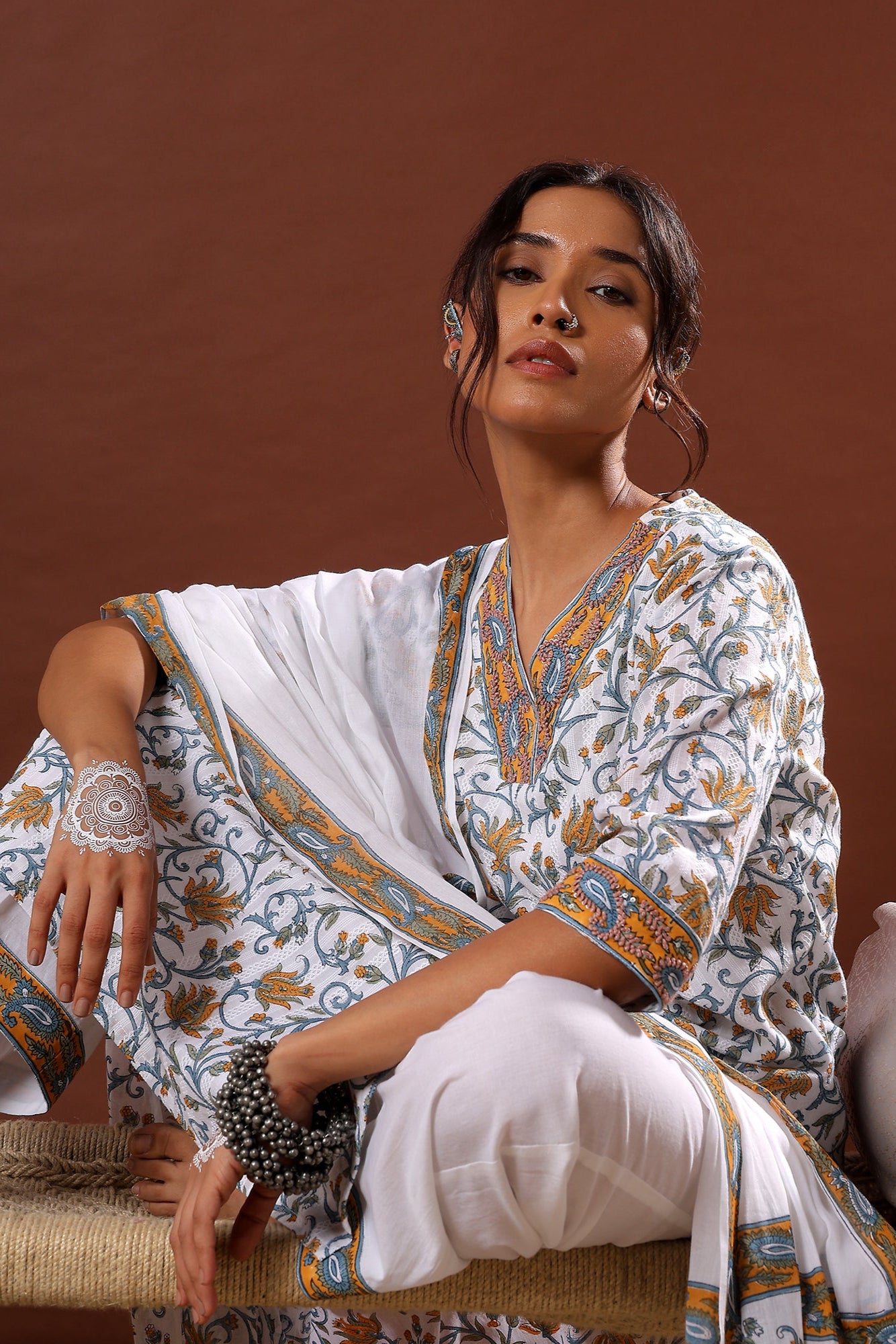 Gulnar Handblock Cotton Suit Set – White & Mustard