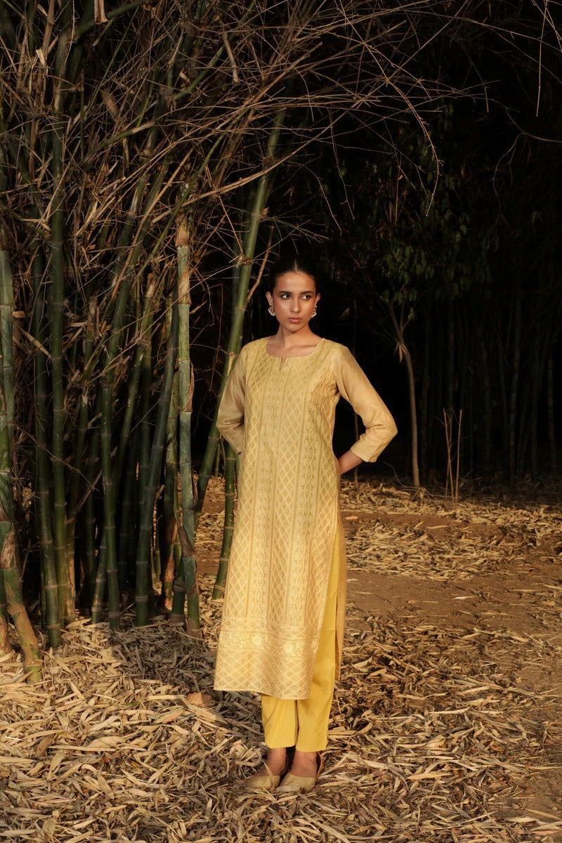 Mustard Chikankari Jute Chanderi Kurta Set | HER-160