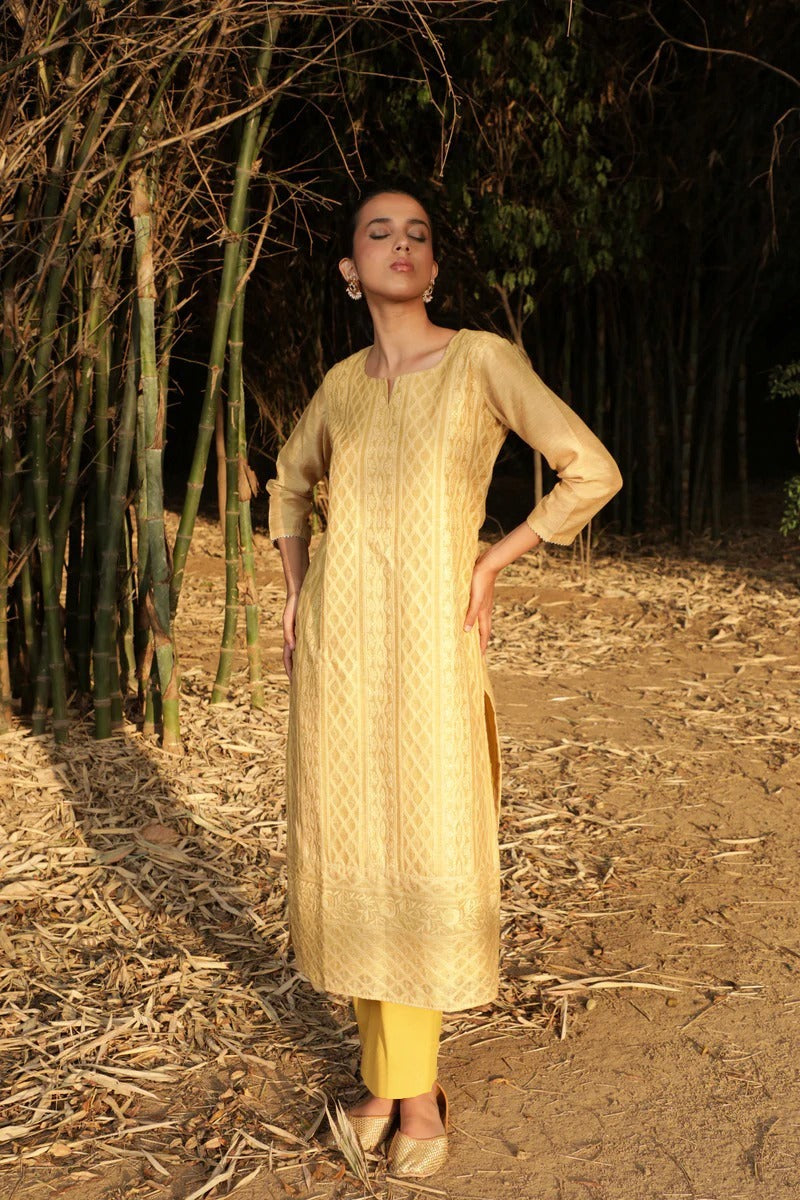 Mustard Chikankari Jute Chanderi Kurta Set | HER-160
