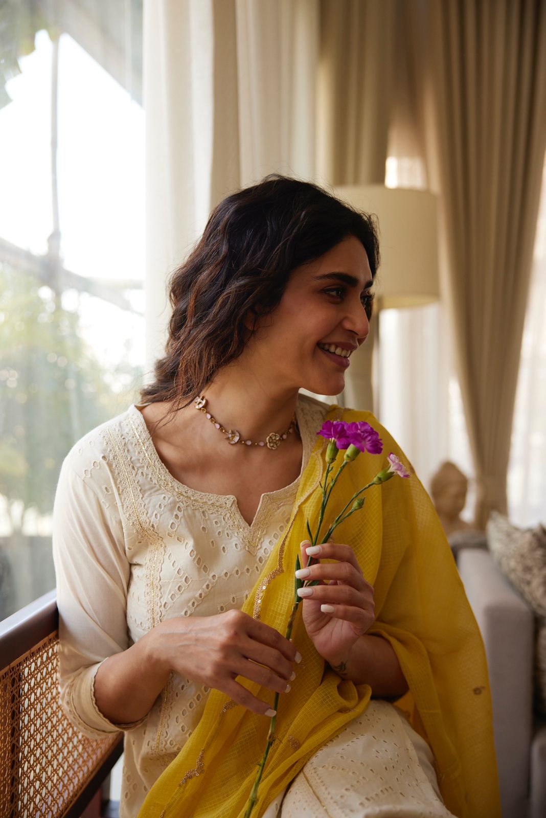 Off-White, Mustard Schiffli Cotton Suit Set | HER-309