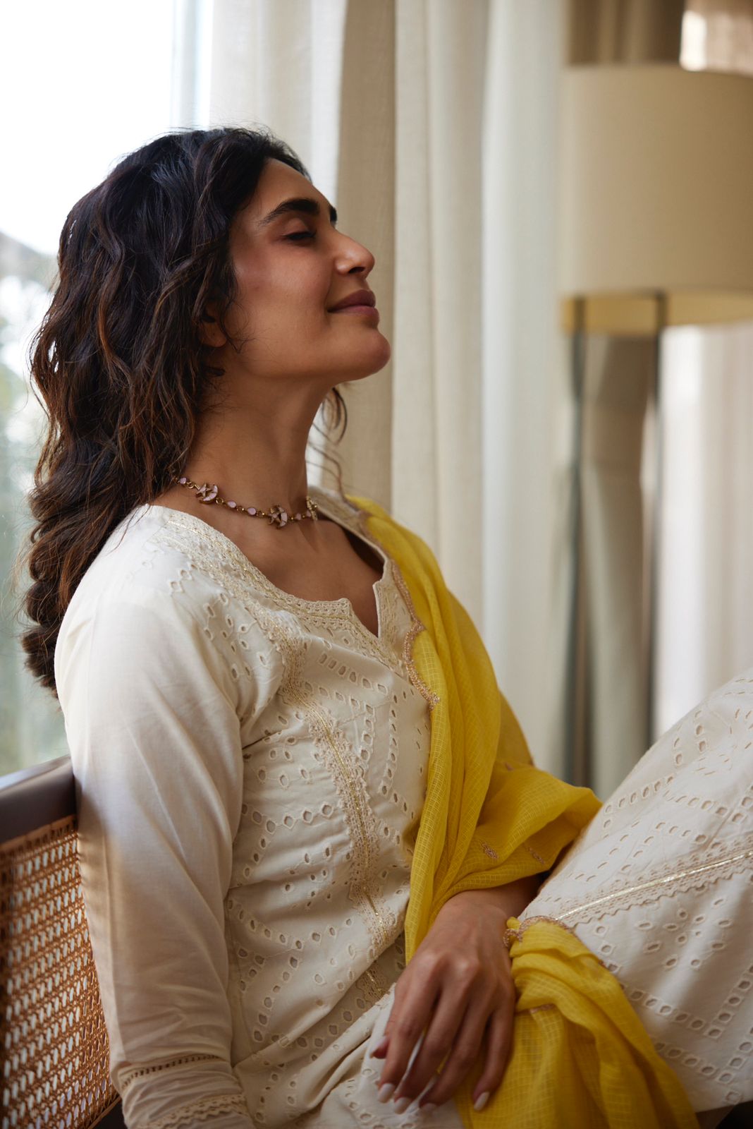 Off-White, Mustard Schiffli Cotton Suit Set | HER-309