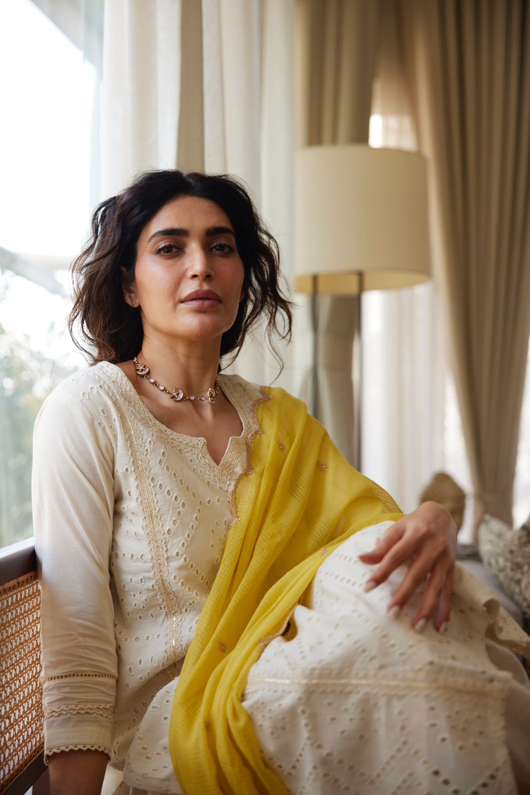 Off-White, Mustard Schiffli Cotton Suit Set | HER-309