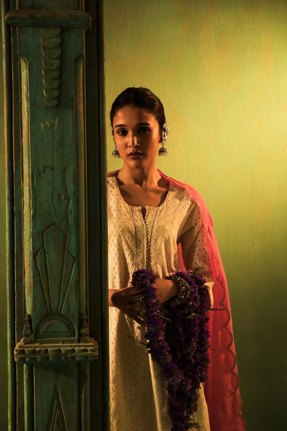 Off-White Schiffli Cotton Suit Set (Pink Dupatta)