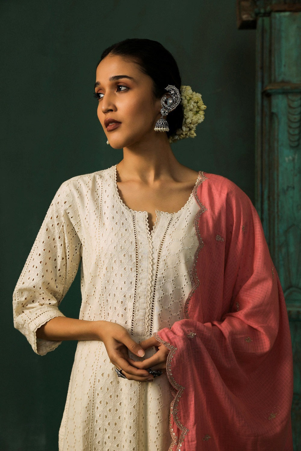 Off-White Schiffli Cotton Suit Set (Pink Dupatta)