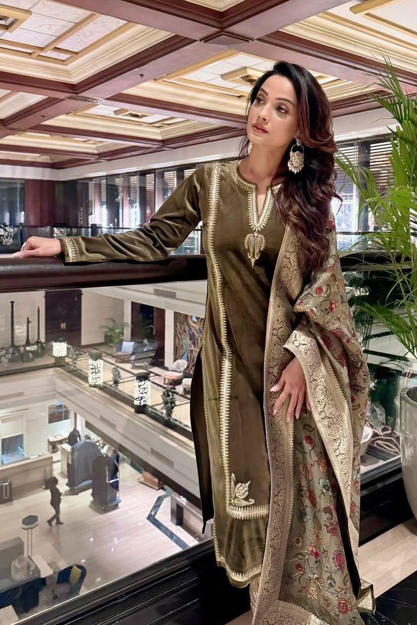 Olive Velvet Suit Set | HER-441