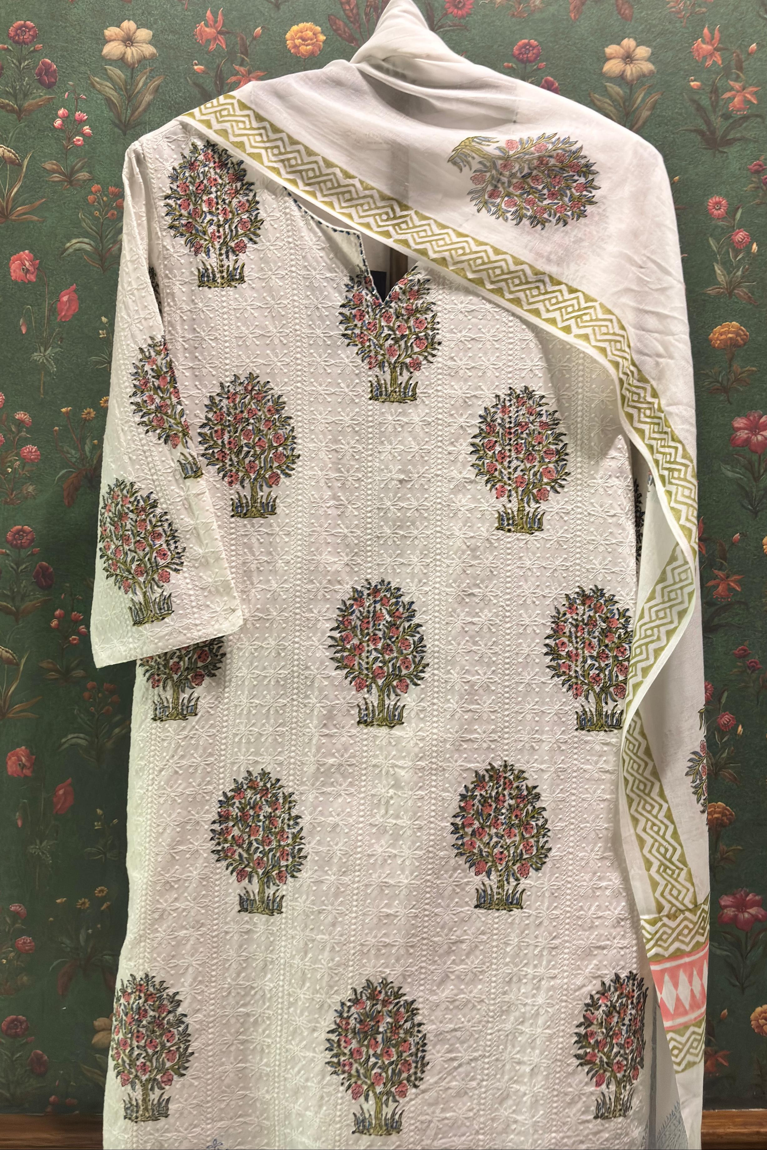 White Straight Fit Cotton Suit Set (With Pants and Dupatta)