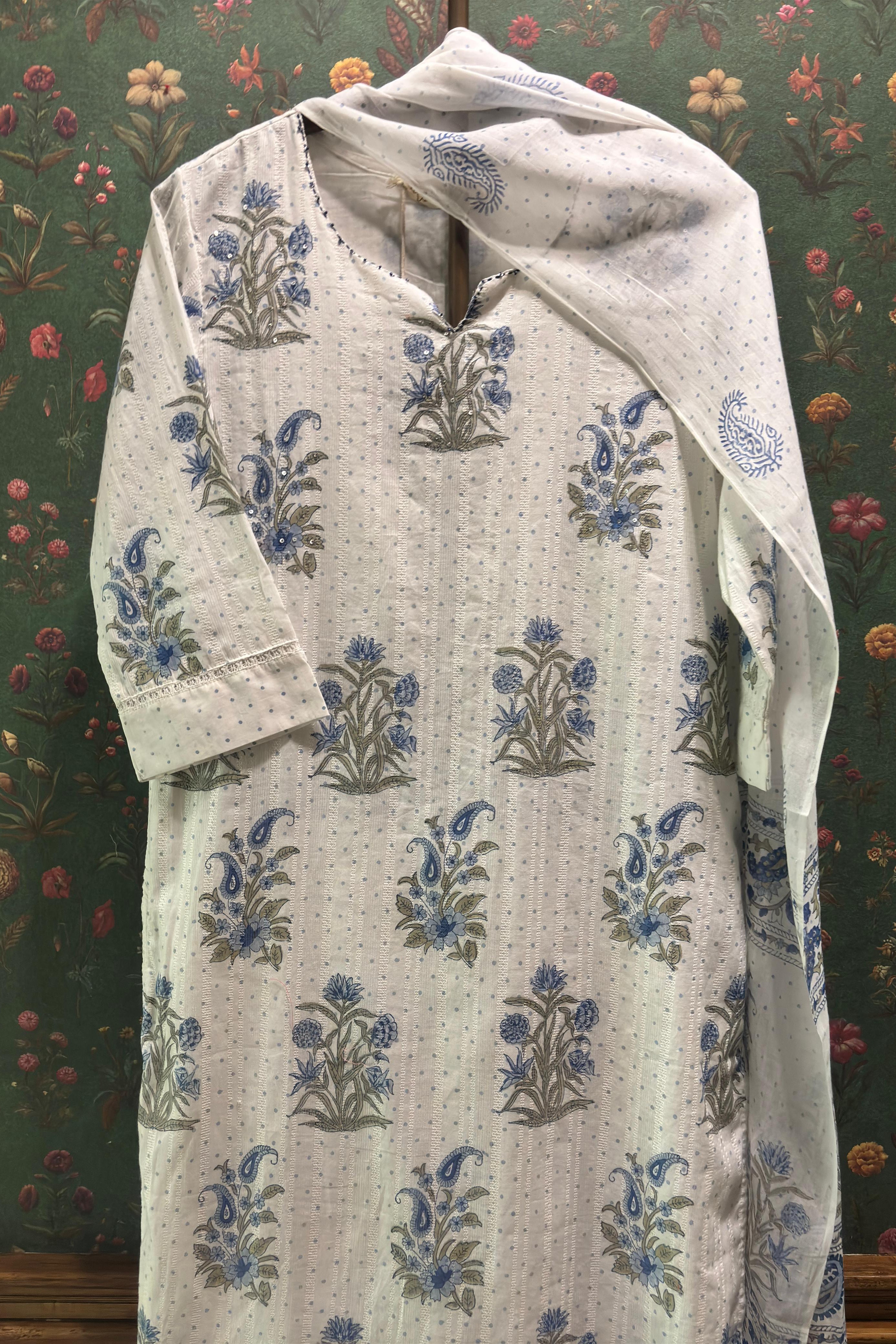 White & Blue Straight Fit Cotton Suit Set (With Pants and Dupatta)