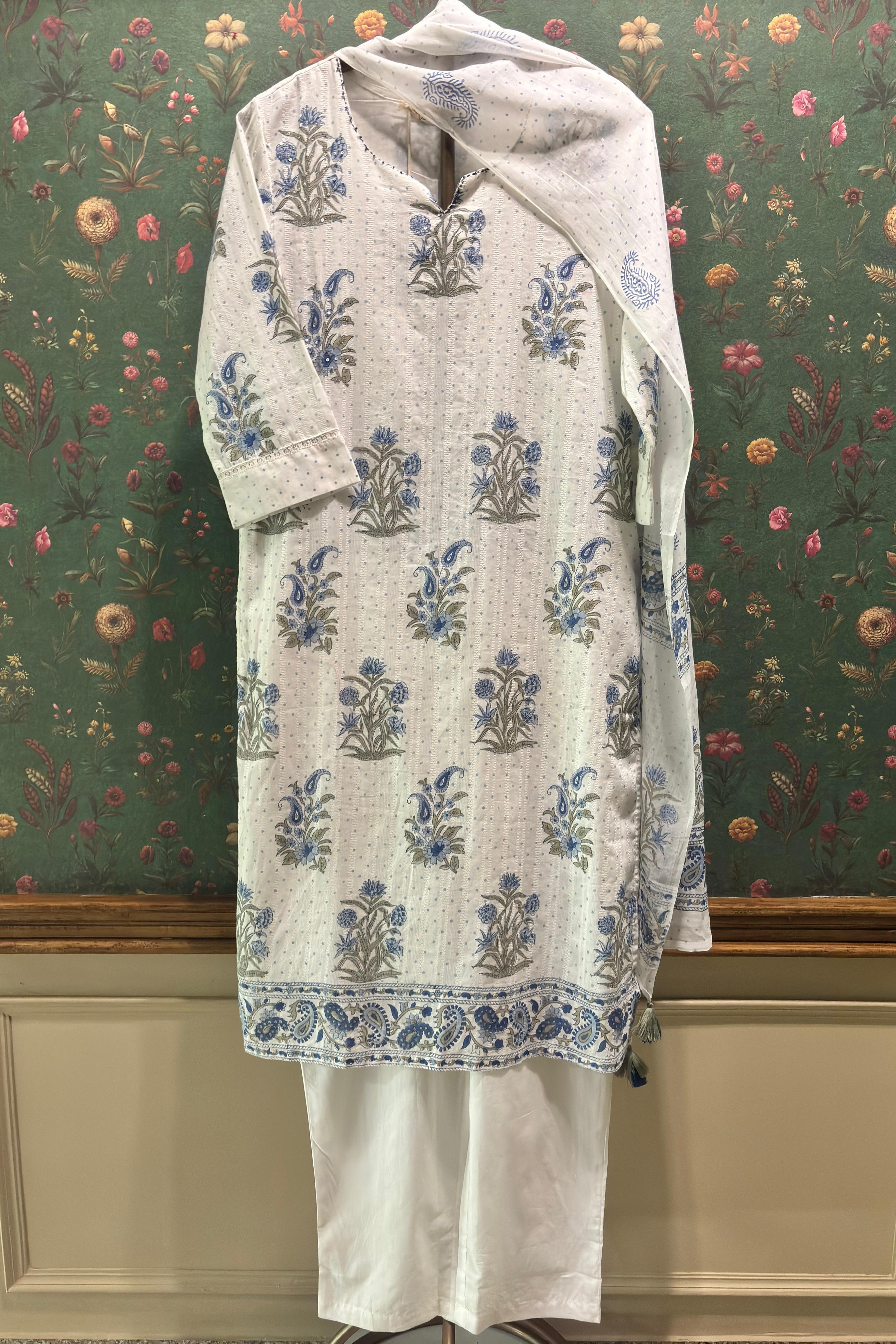 White & Blue Straight Fit Cotton Suit Set (With Pants and Dupatta)