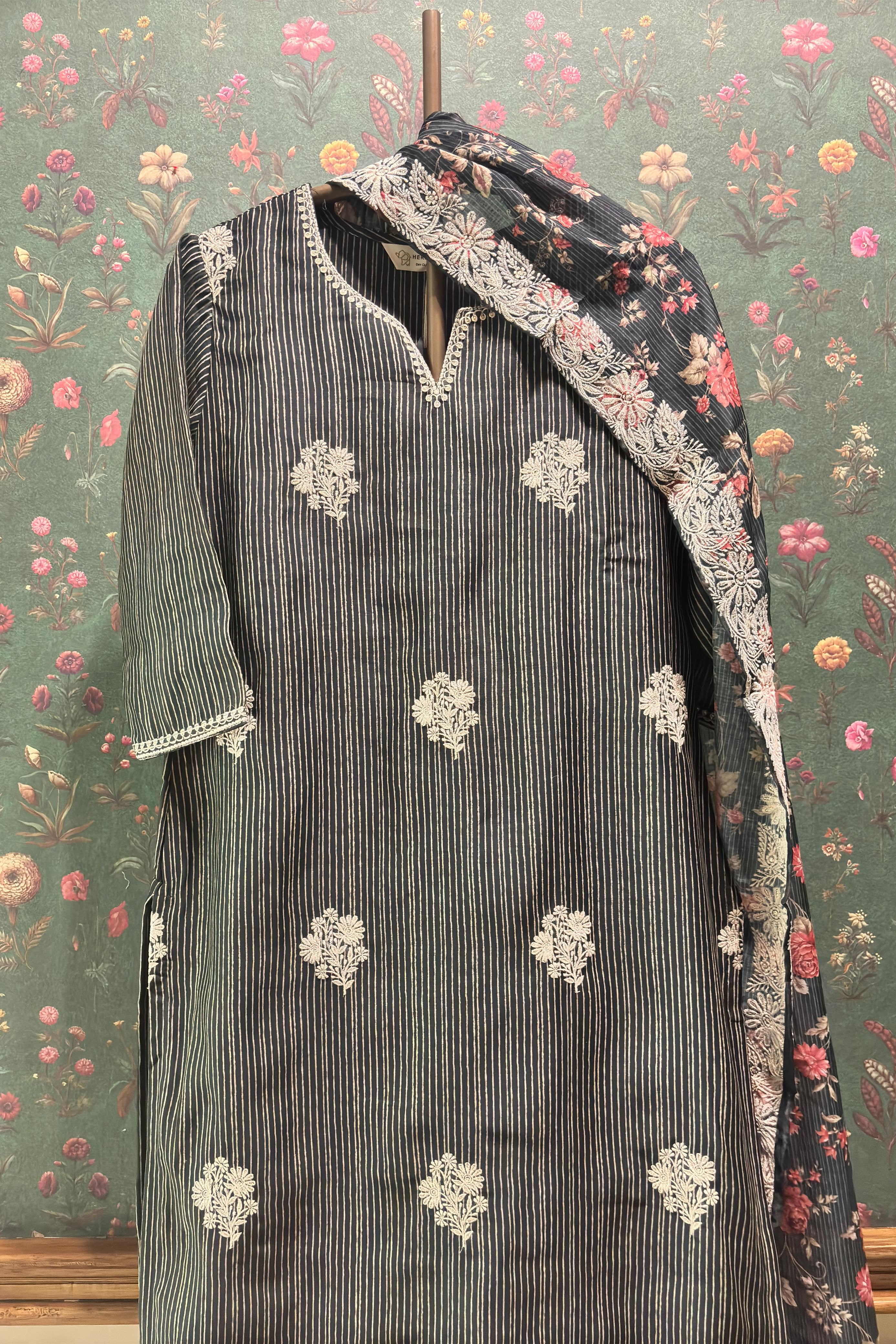 Floral Bottle Green Chanderi Kurta set (With Pant & Dupatta)