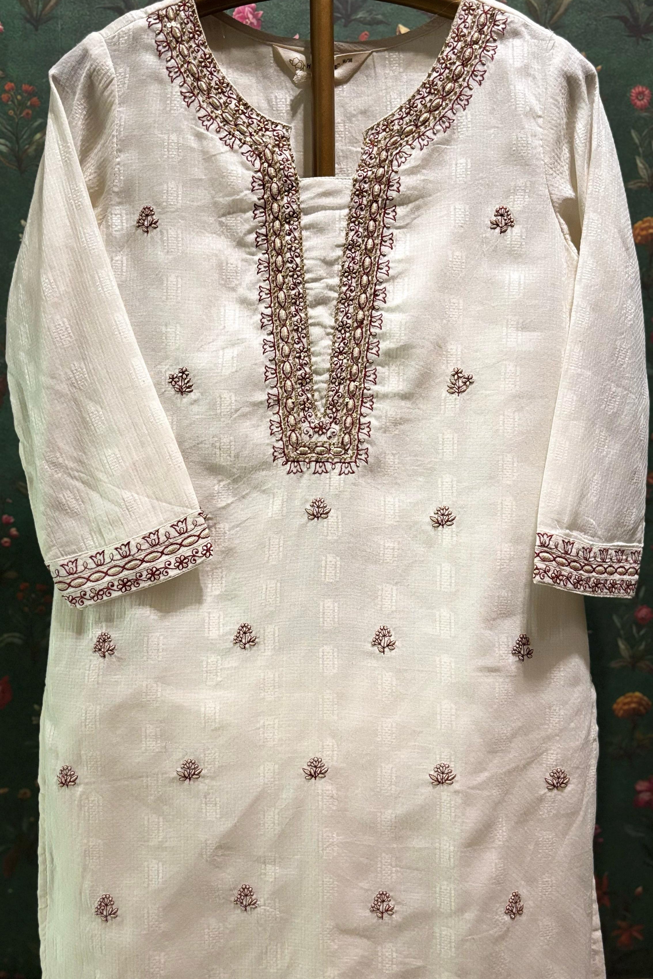 Cream Cotton Straight Fit Suit Set (with Pants and Dupatta)
