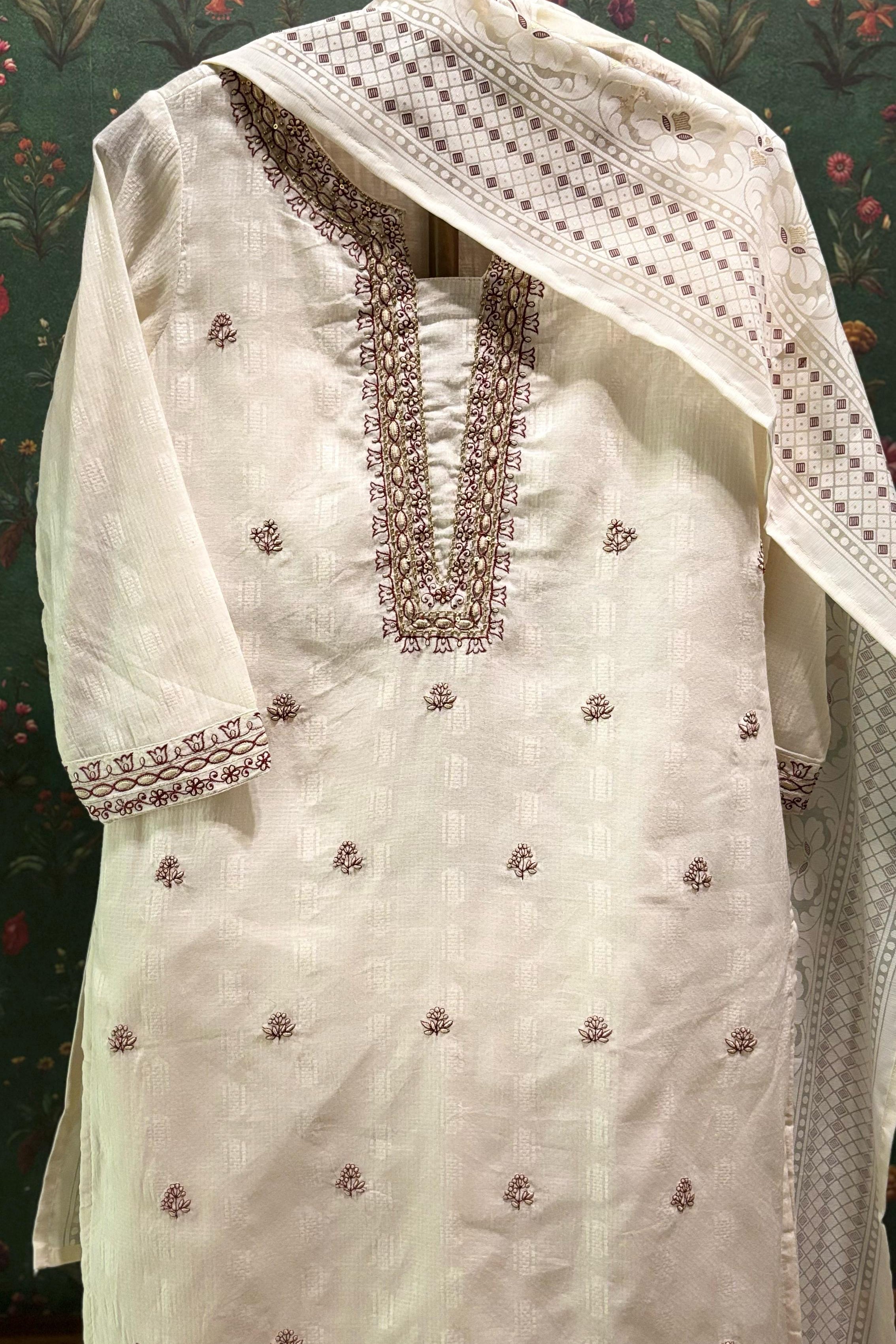 Cream Cotton Straight Fit Suit Set (with Pants and Dupatta)