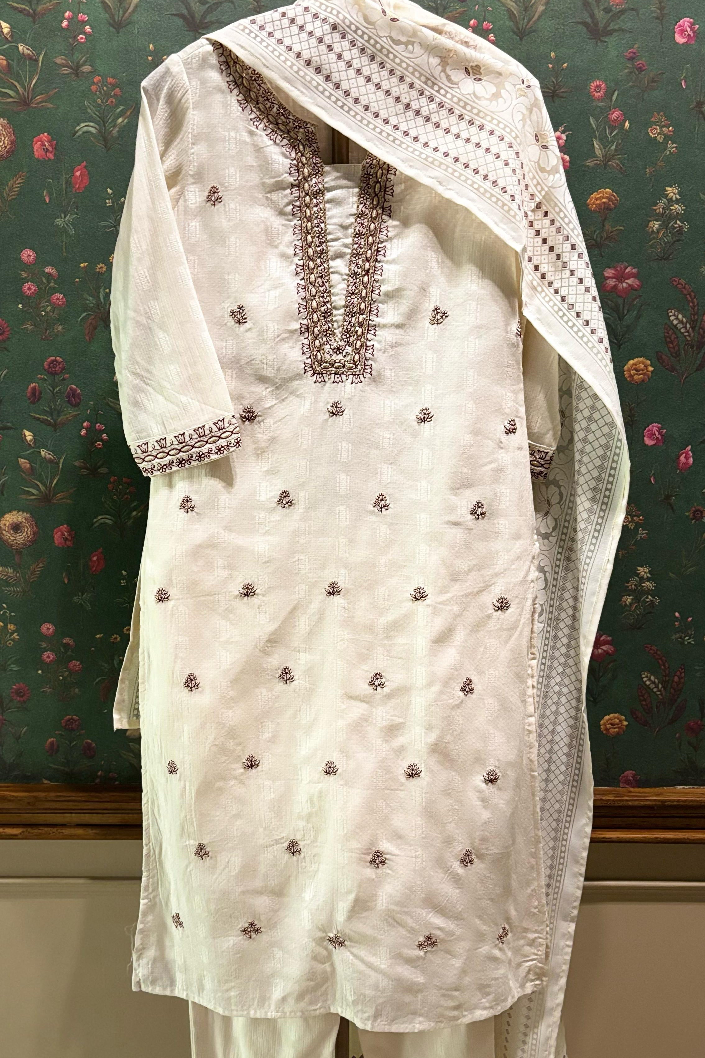 Cream Cotton Straight Fit Suit Set (with Pants and Dupatta)