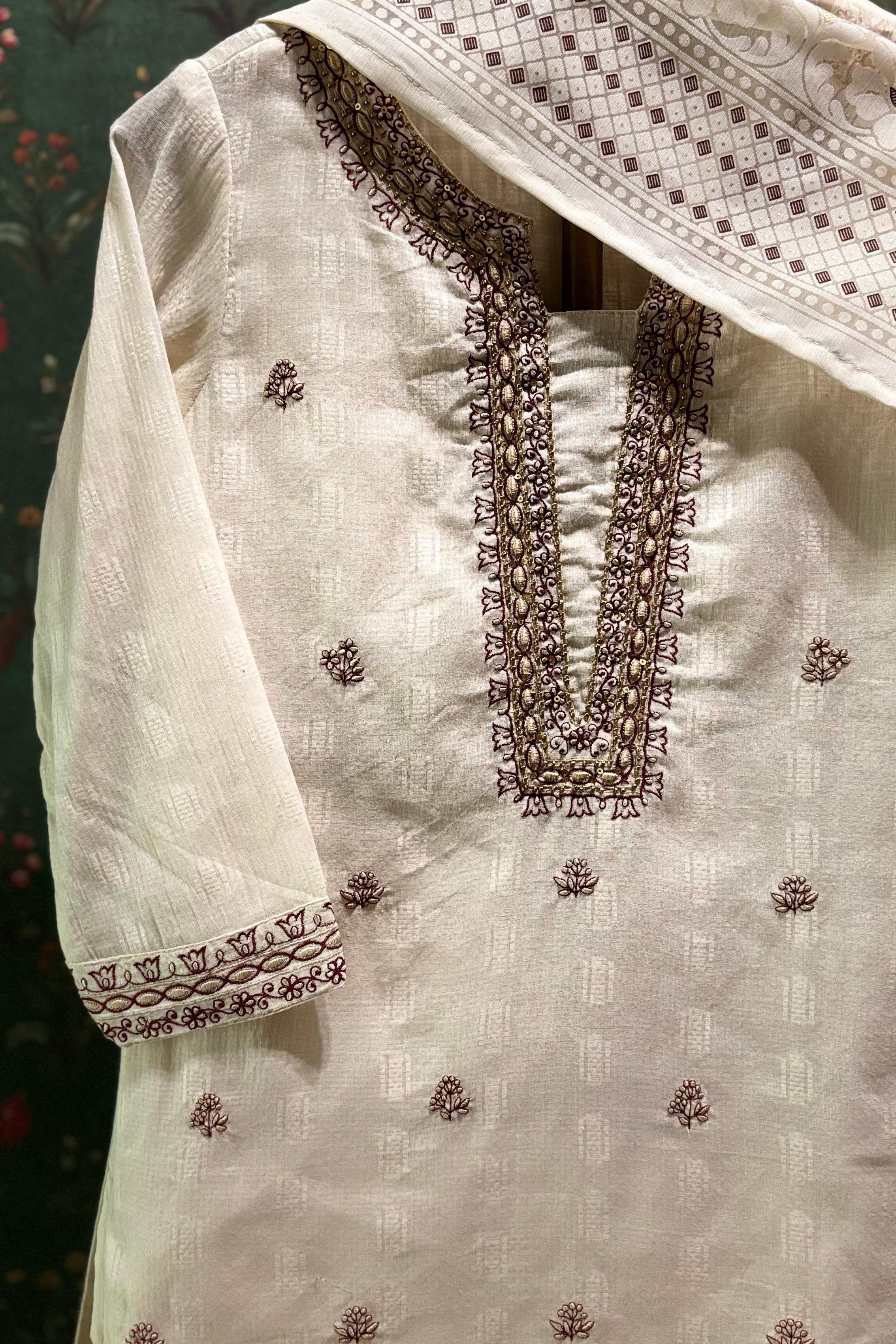 Cream Cotton Straight Fit Suit Set (with Pants and Dupatta)