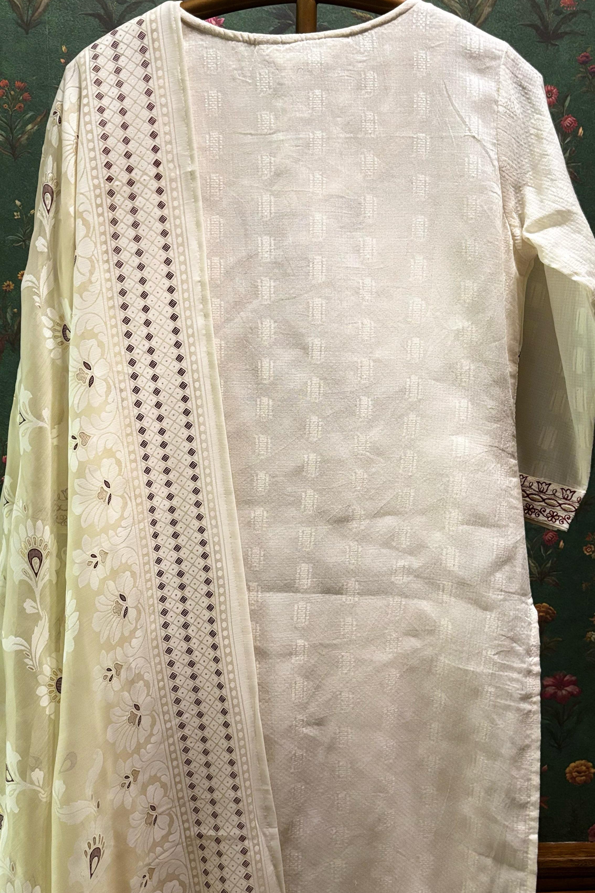 Cream Cotton Straight Fit Suit Set (with Pants and Dupatta)