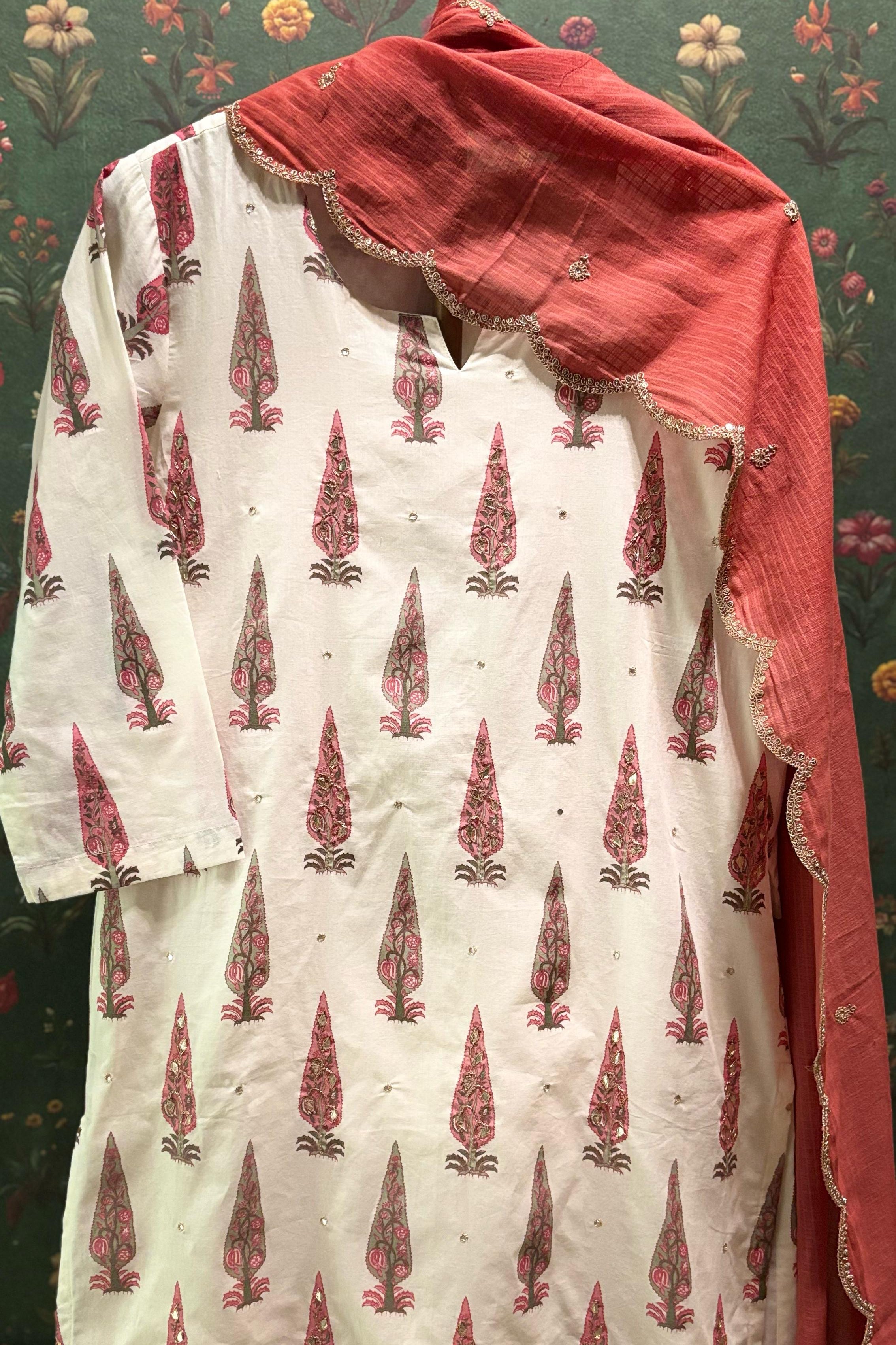 Dusty Rose Pink Floral Suit Set, with Kota Doria Dupatta | HER-519