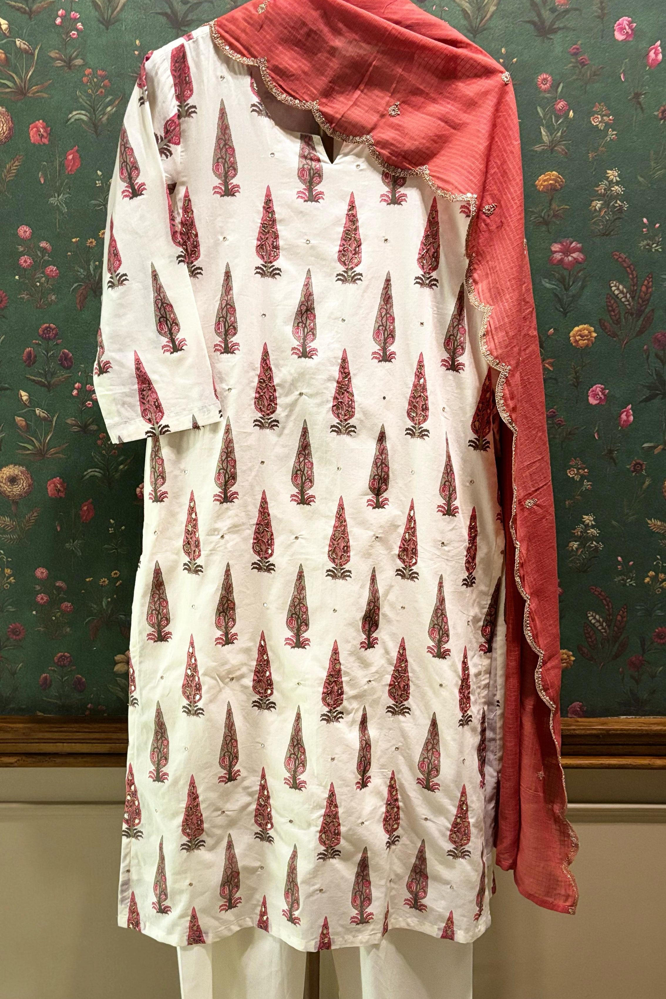 Dusty Rose Pink Floral Suit Set, with Kota Doria Dupatta | HER-519