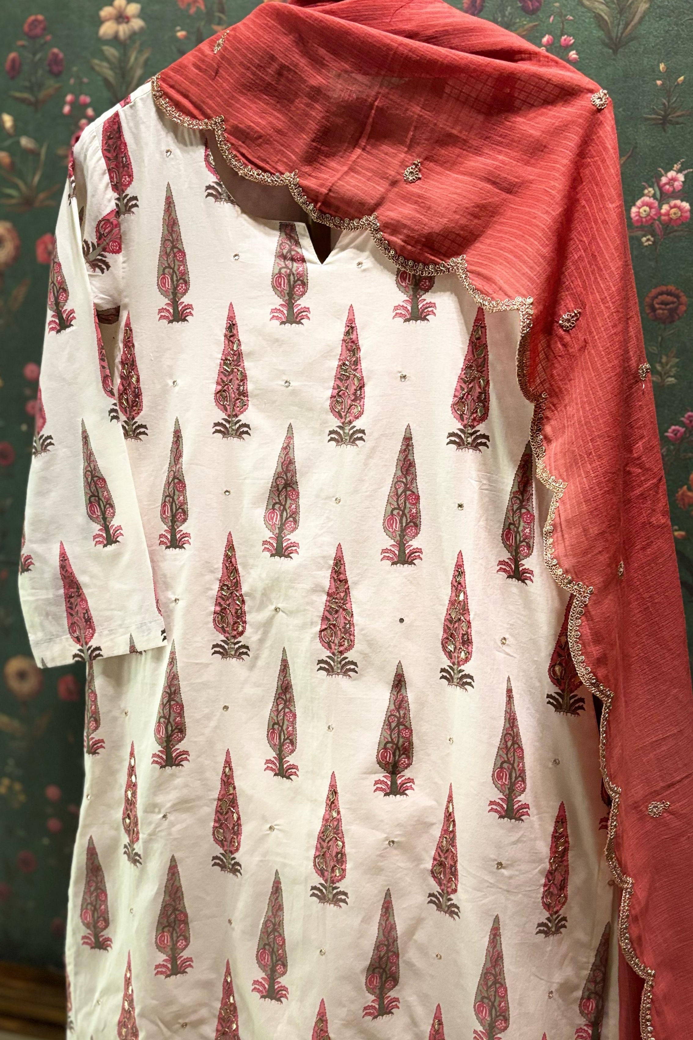 Dusty Rose Pink Floral Suit Set, with Kota Doria Dupatta | HER-519
