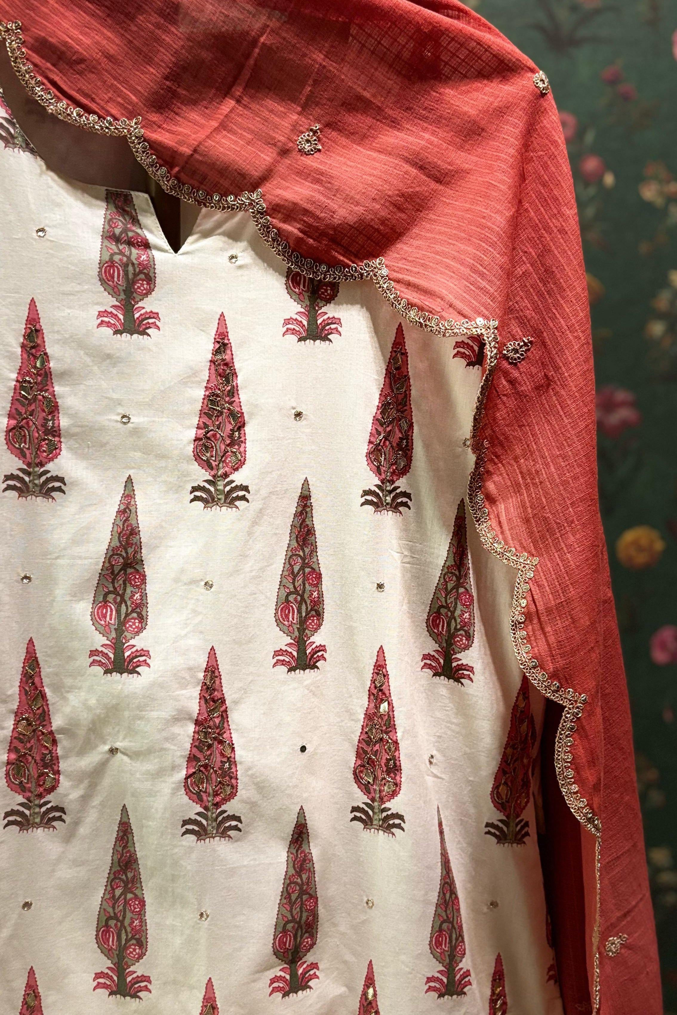 Dusty Rose Pink Floral Suit Set, with Kota Doria Dupatta | HER-519