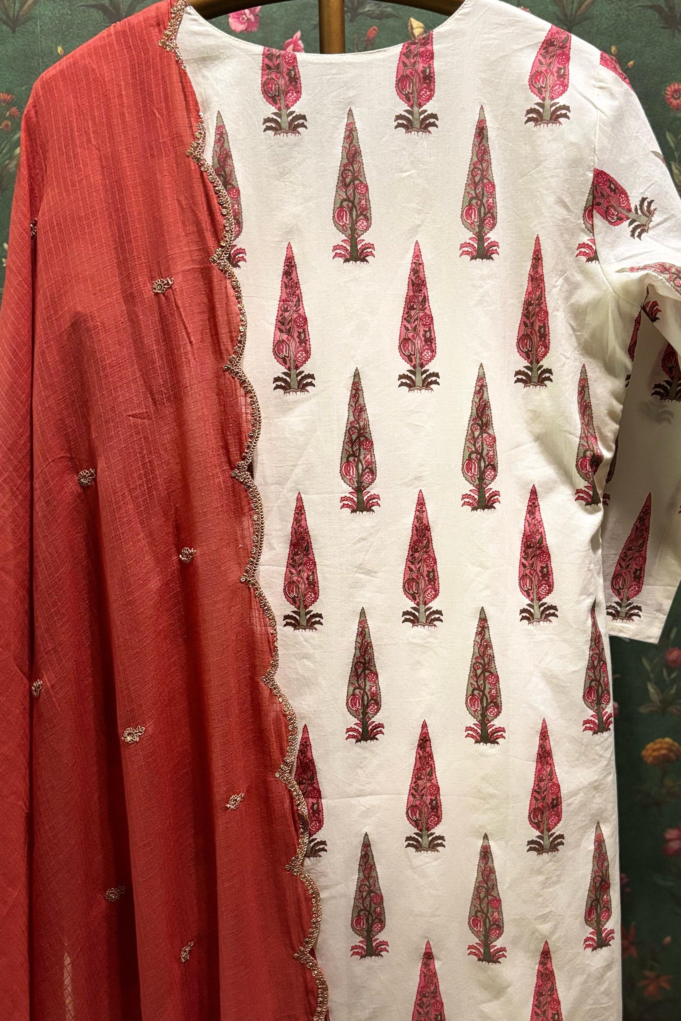 Dusty Rose Pink Floral Suit Set, with Kota Doria Dupatta | HER-519