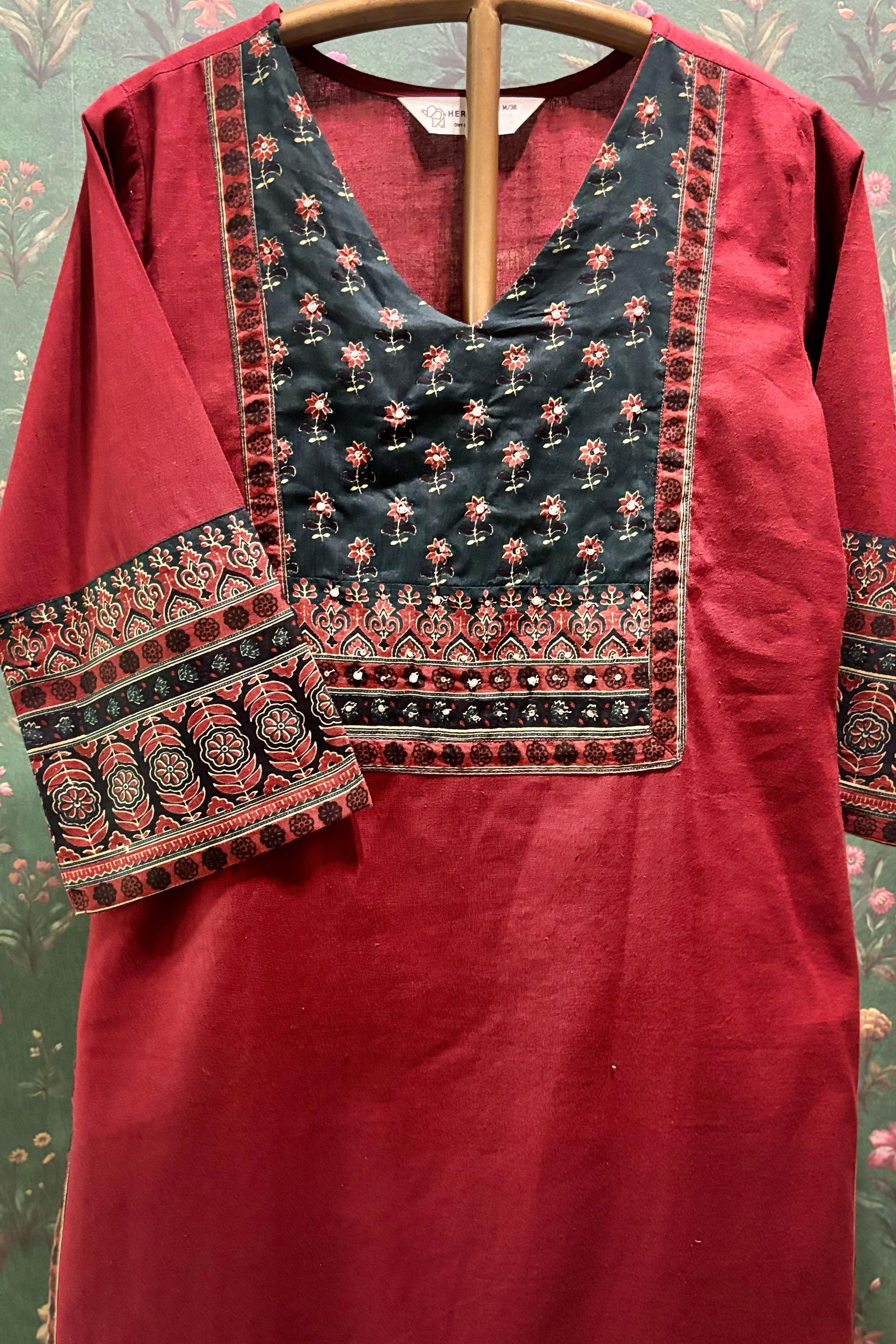 Maroon Straight Fit Cotton Kurta Set | HER-496