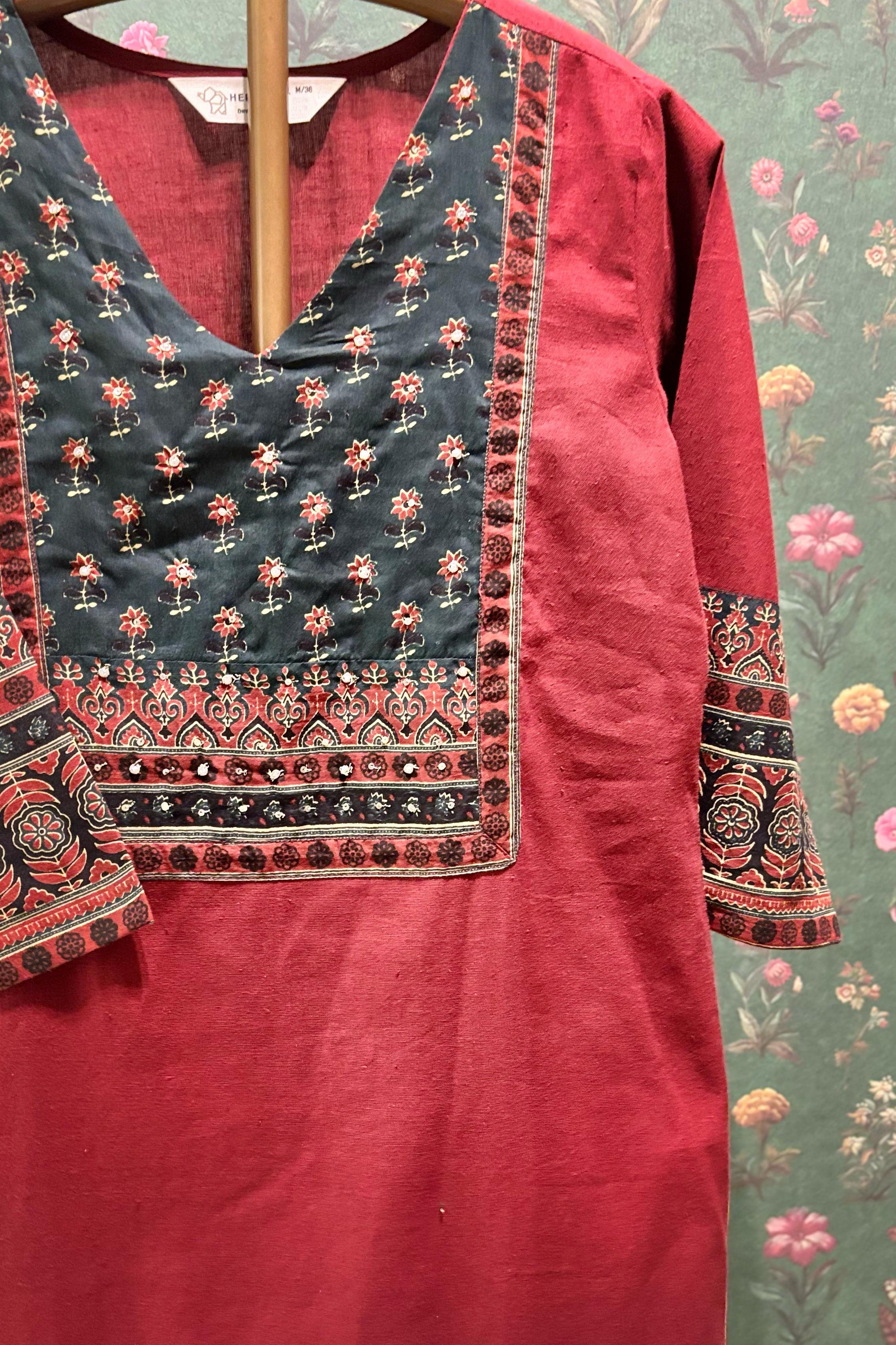 Maroon Straight Fit Cotton Kurta Set | HER-496