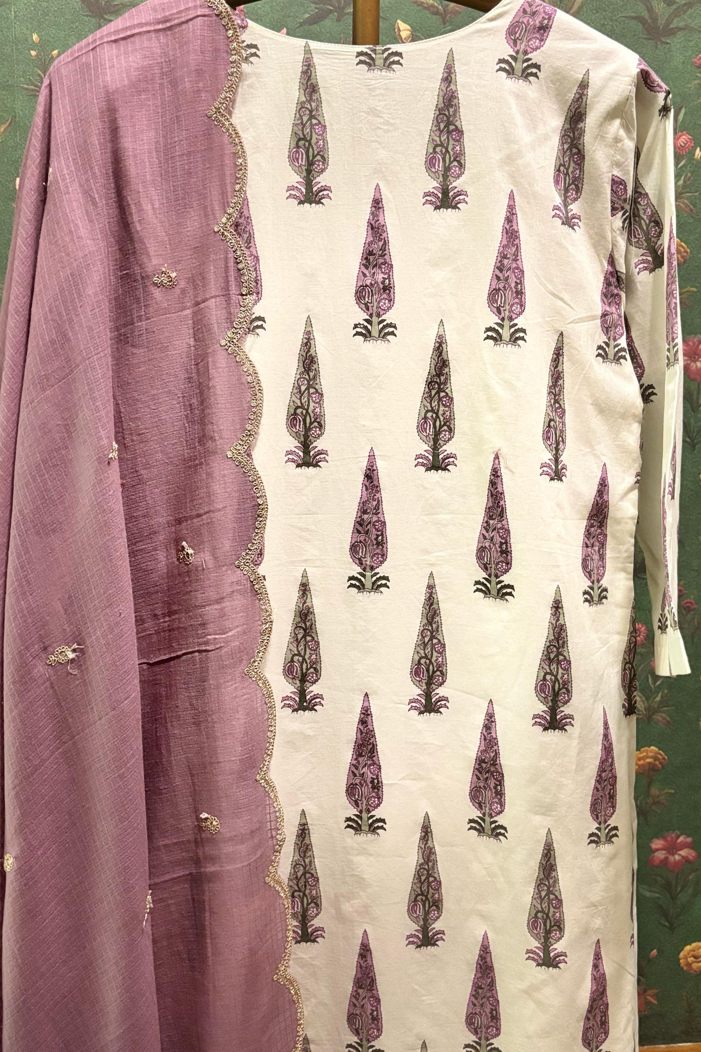 Lilac Floral Suit Set, with Kota Doria Dupatta | HER-519