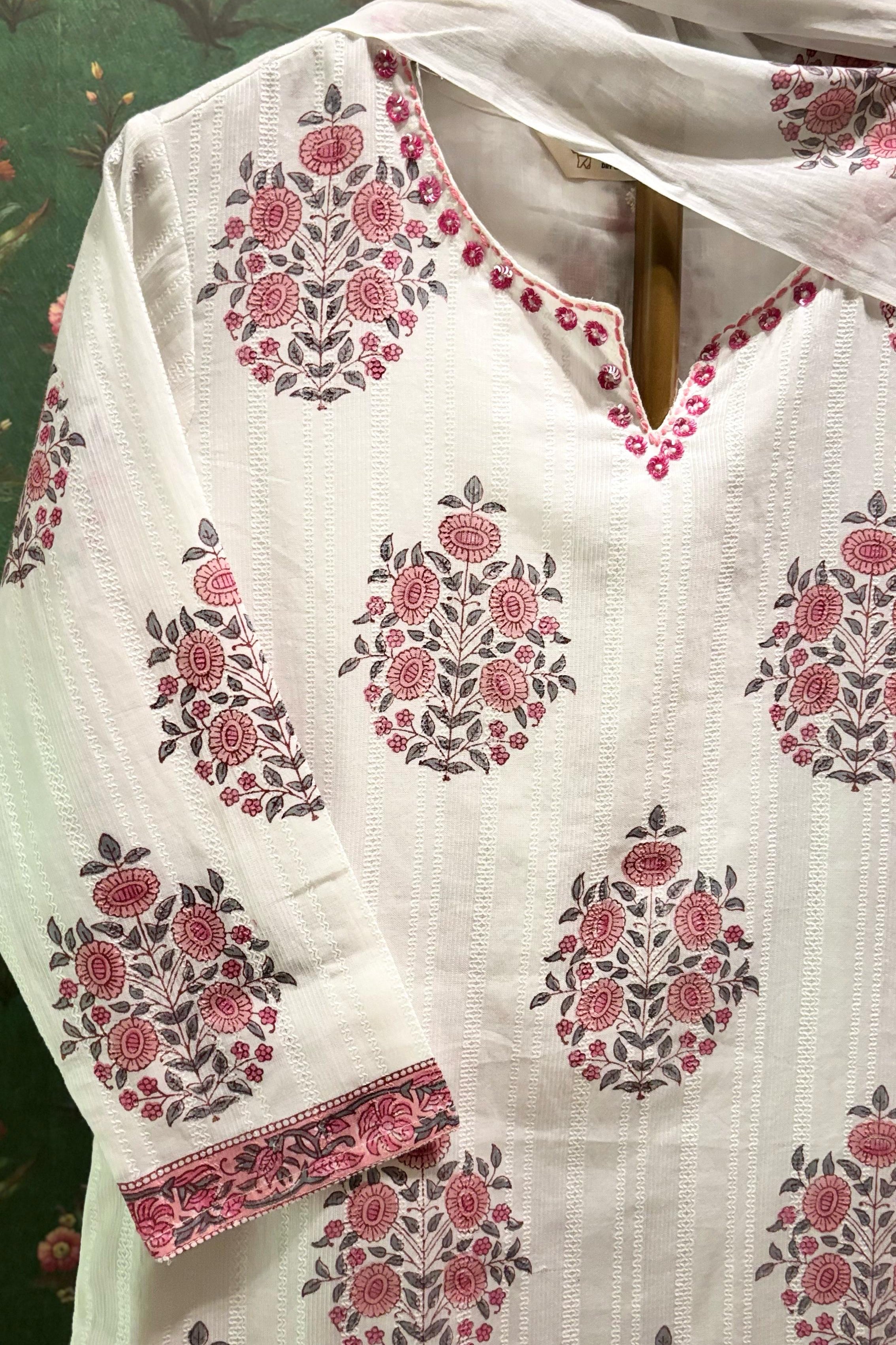 White & Pink Straight Fit Cotton Suit Set | HER-448