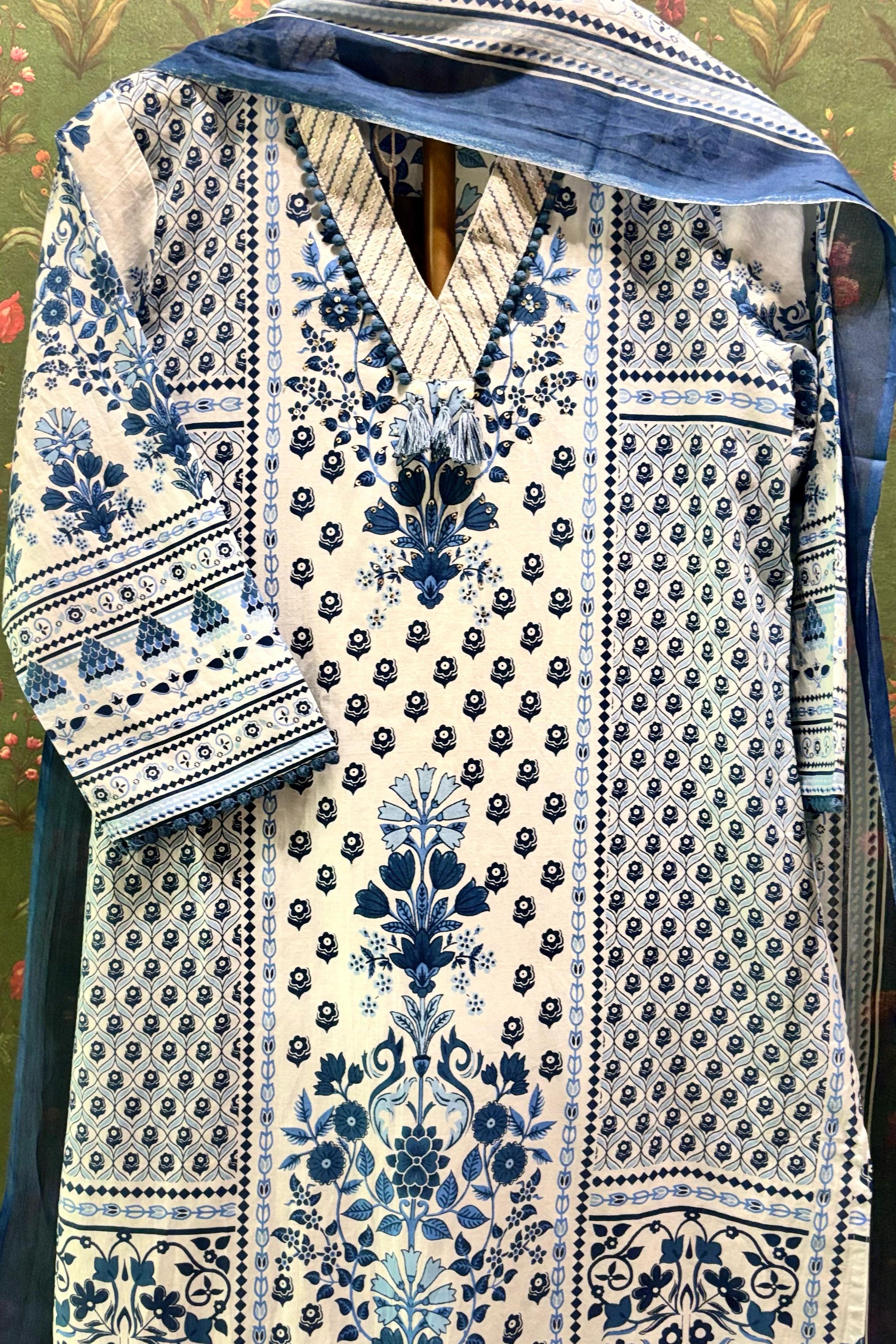 Blue Straight Fit Cotton Suit Set | HER-488