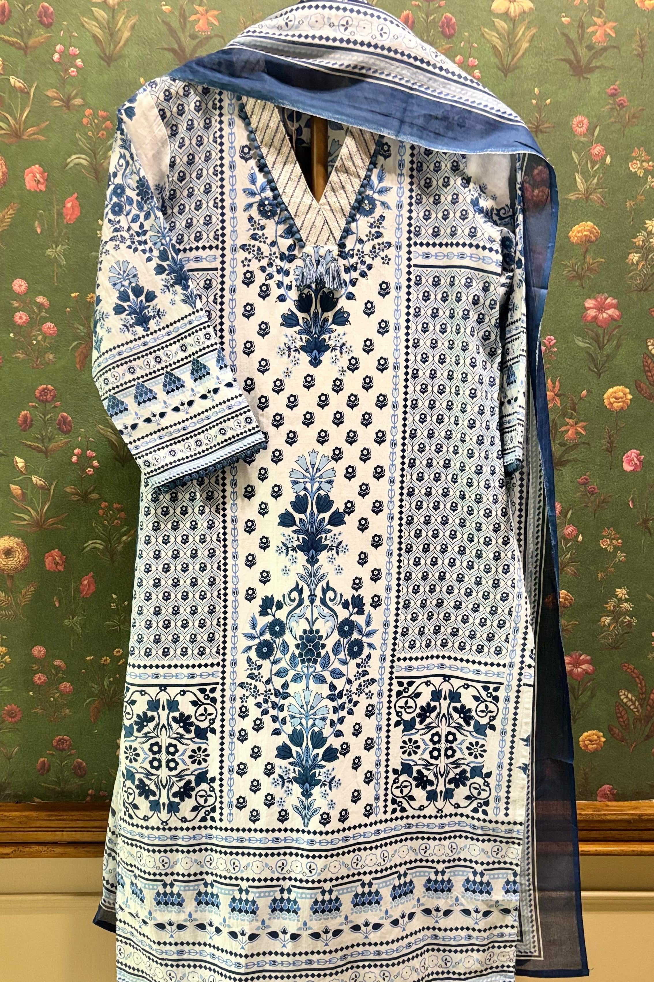 Blue Straight Fit Cotton Suit Set | HER-488