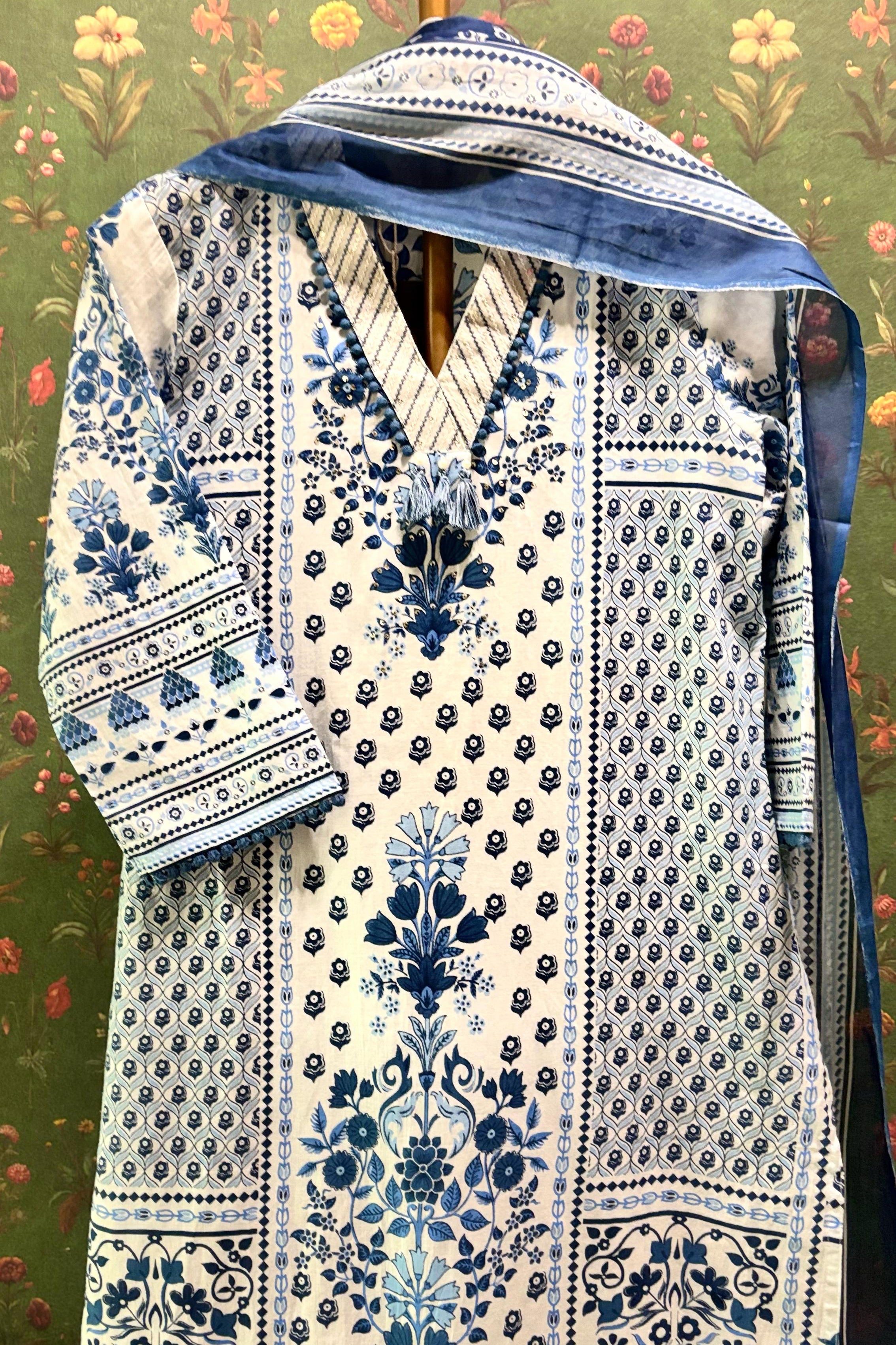 Blue Straight Fit Cotton Suit Set | HER-488