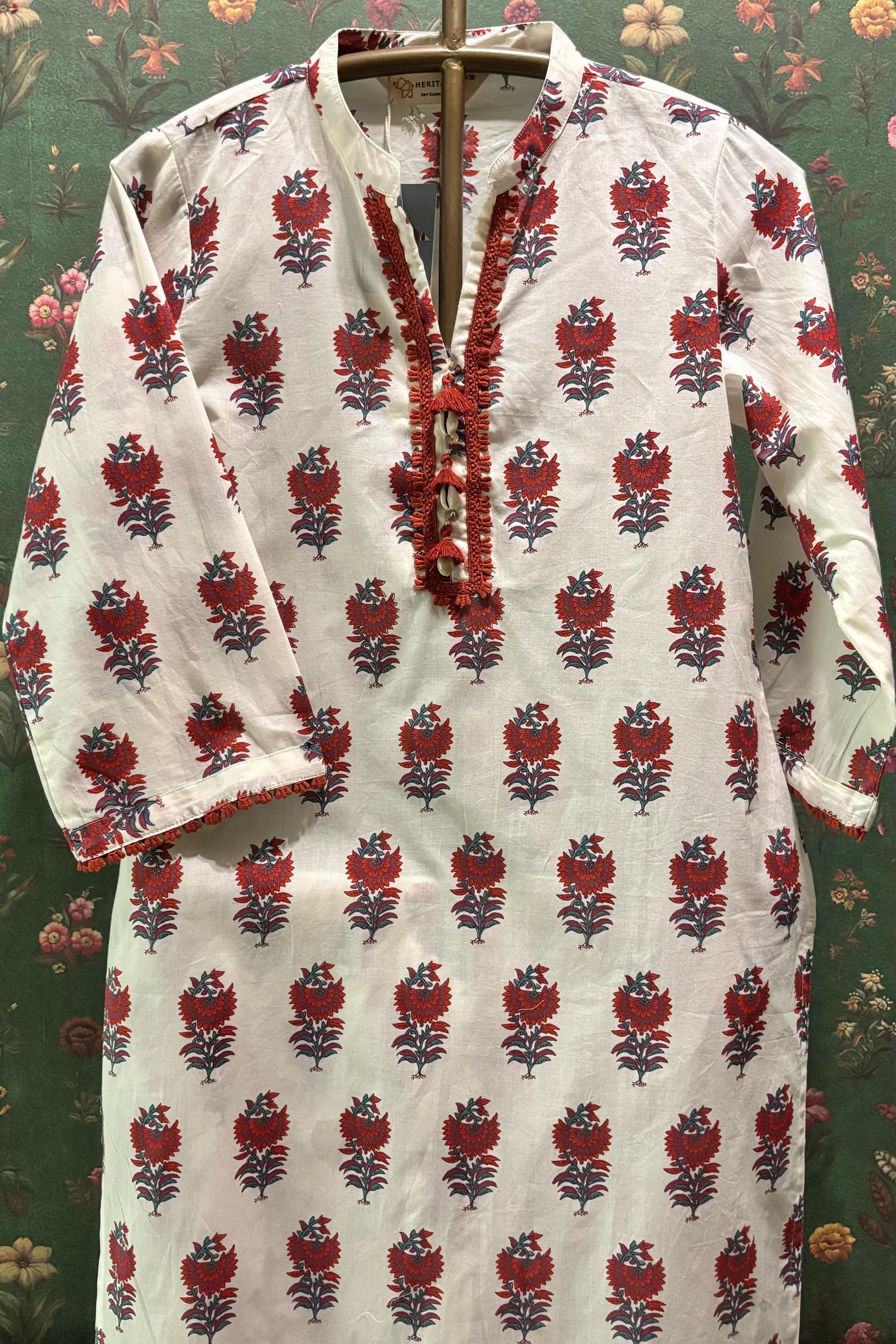 Cream & Red Straight fit Cotton Kurta set