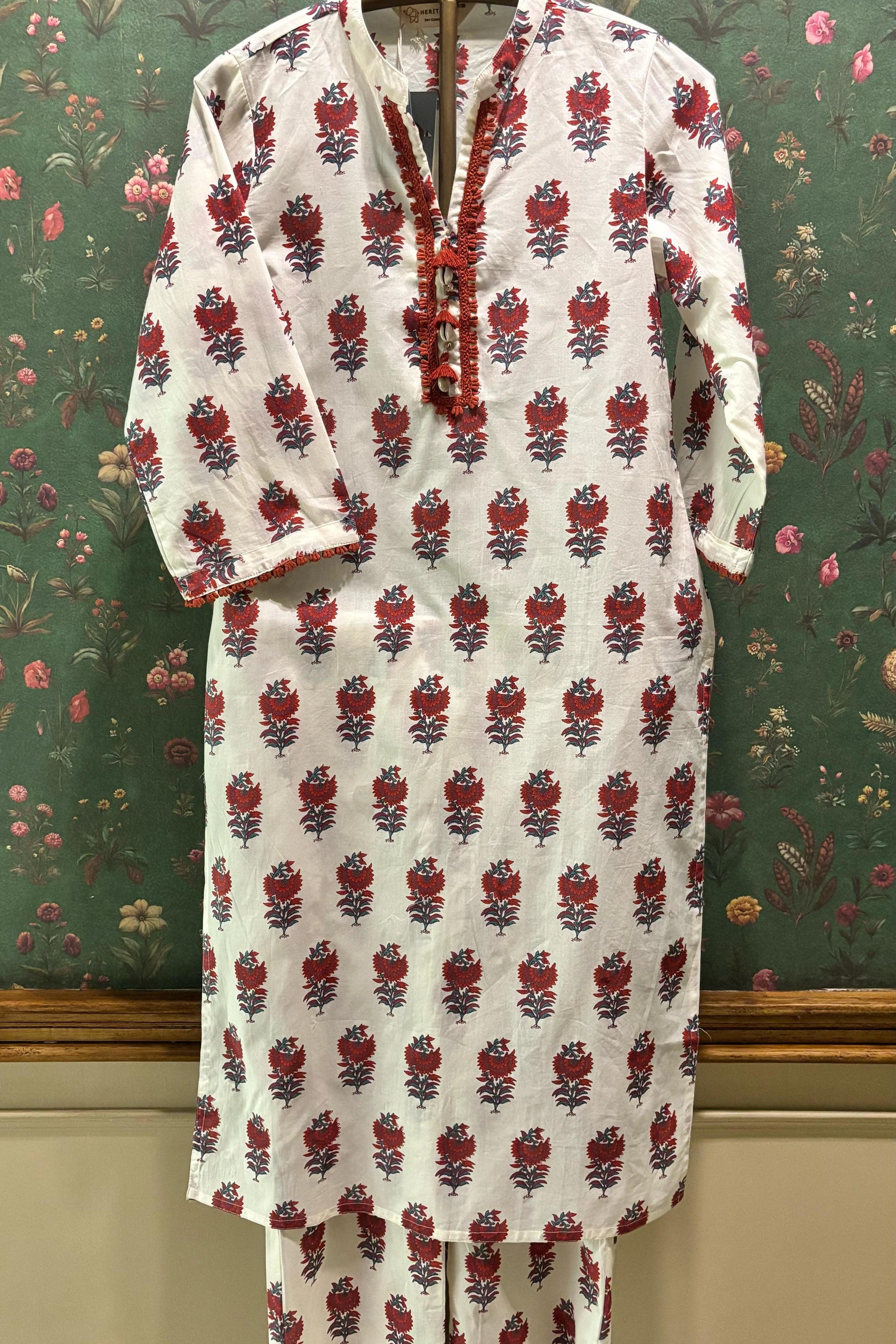 Cream & Red Straight fit Cotton Kurta set