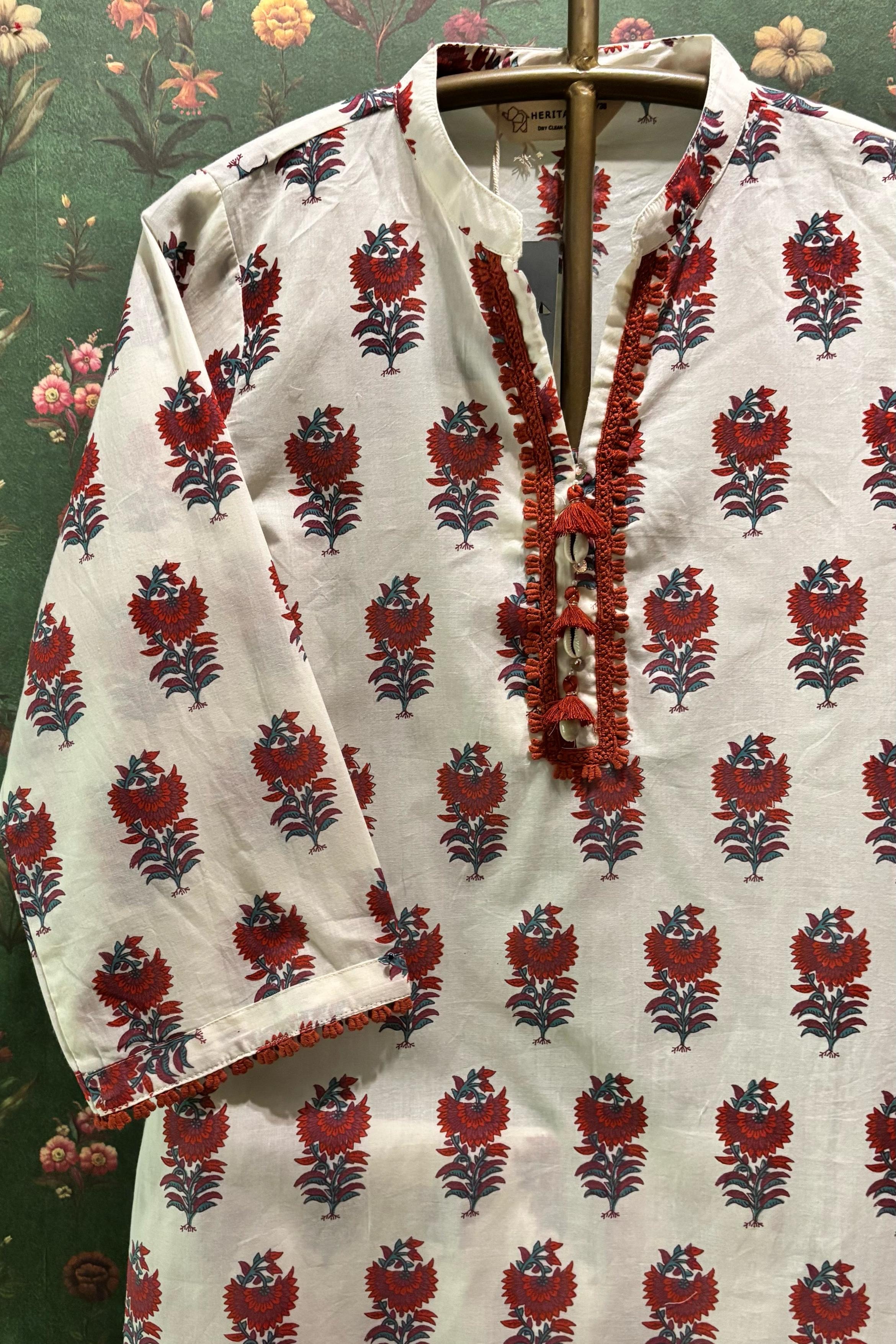 Cream & Red Straight fit Cotton Kurta set