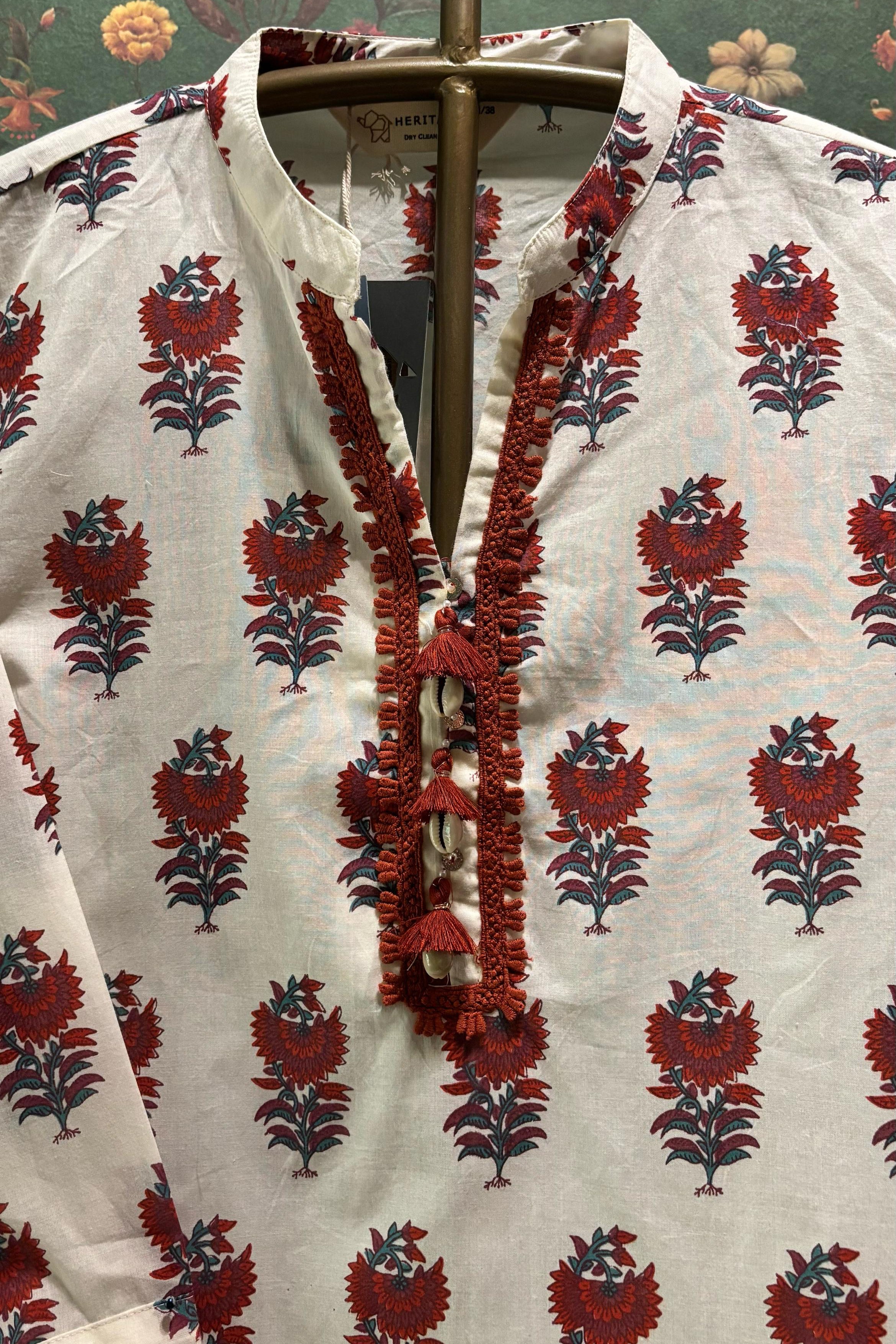 Cream & Red Straight fit Cotton Kurta set