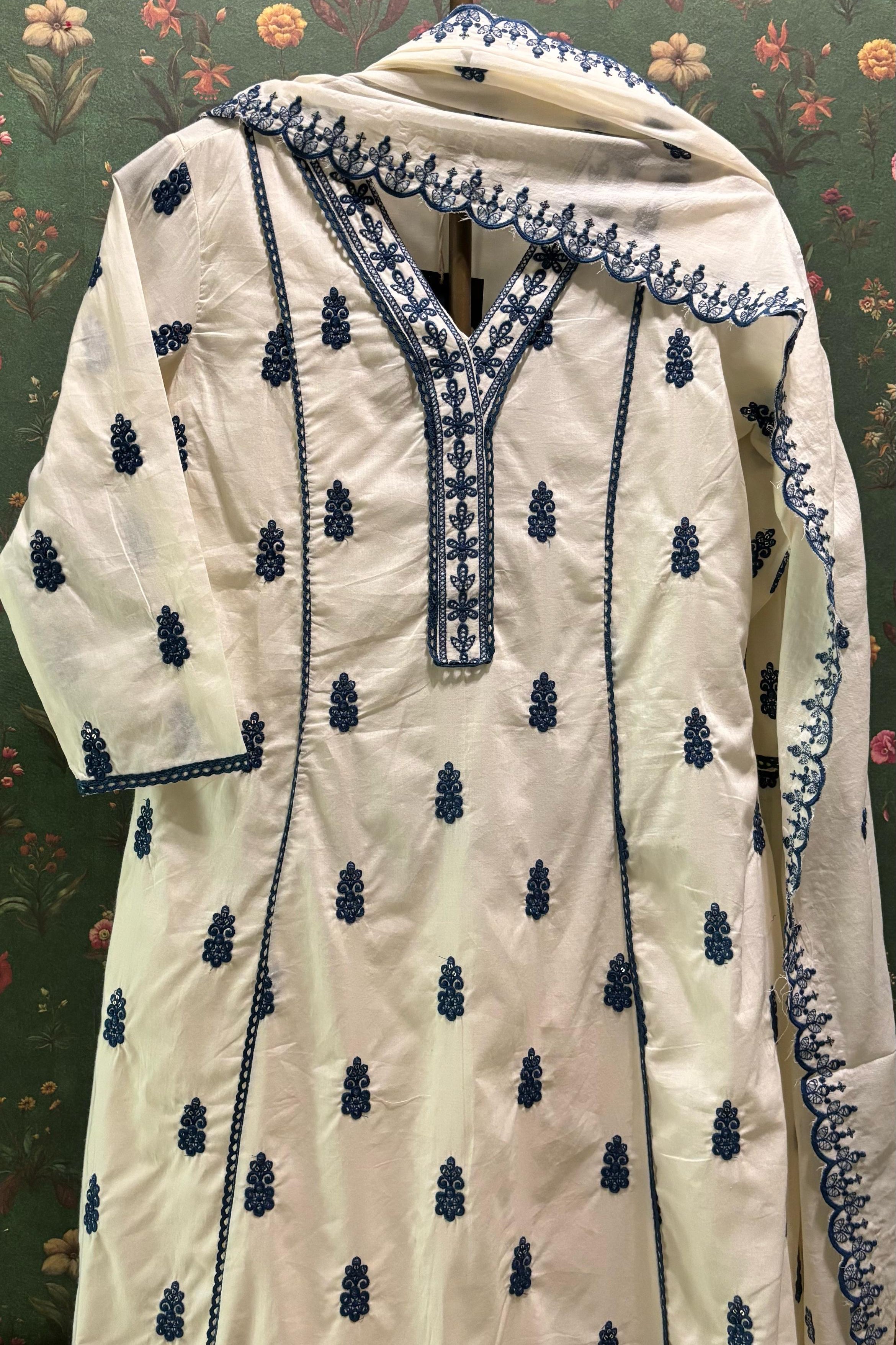 Ivory Cotton Charm Suit Set, Blue | HER-514