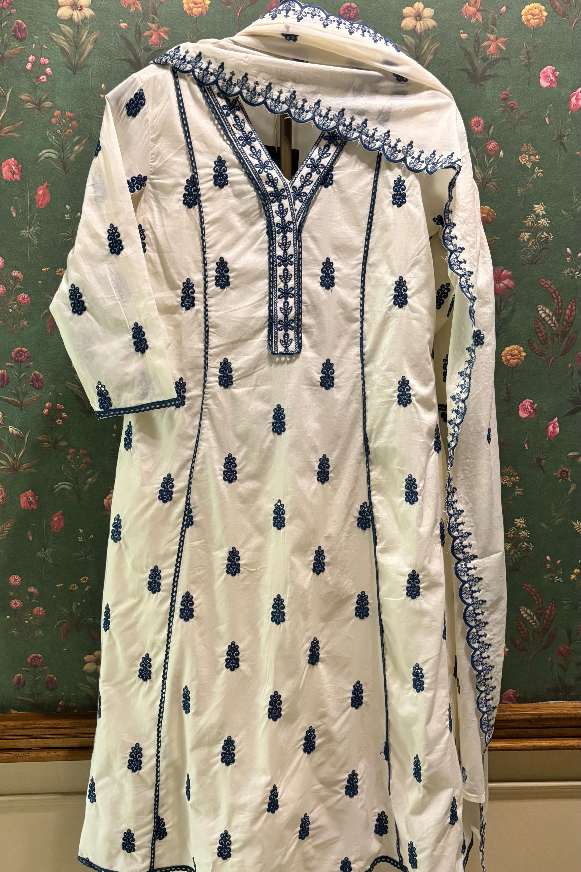 Ivory Cotton Charm Suit Set, Blue | HER-514