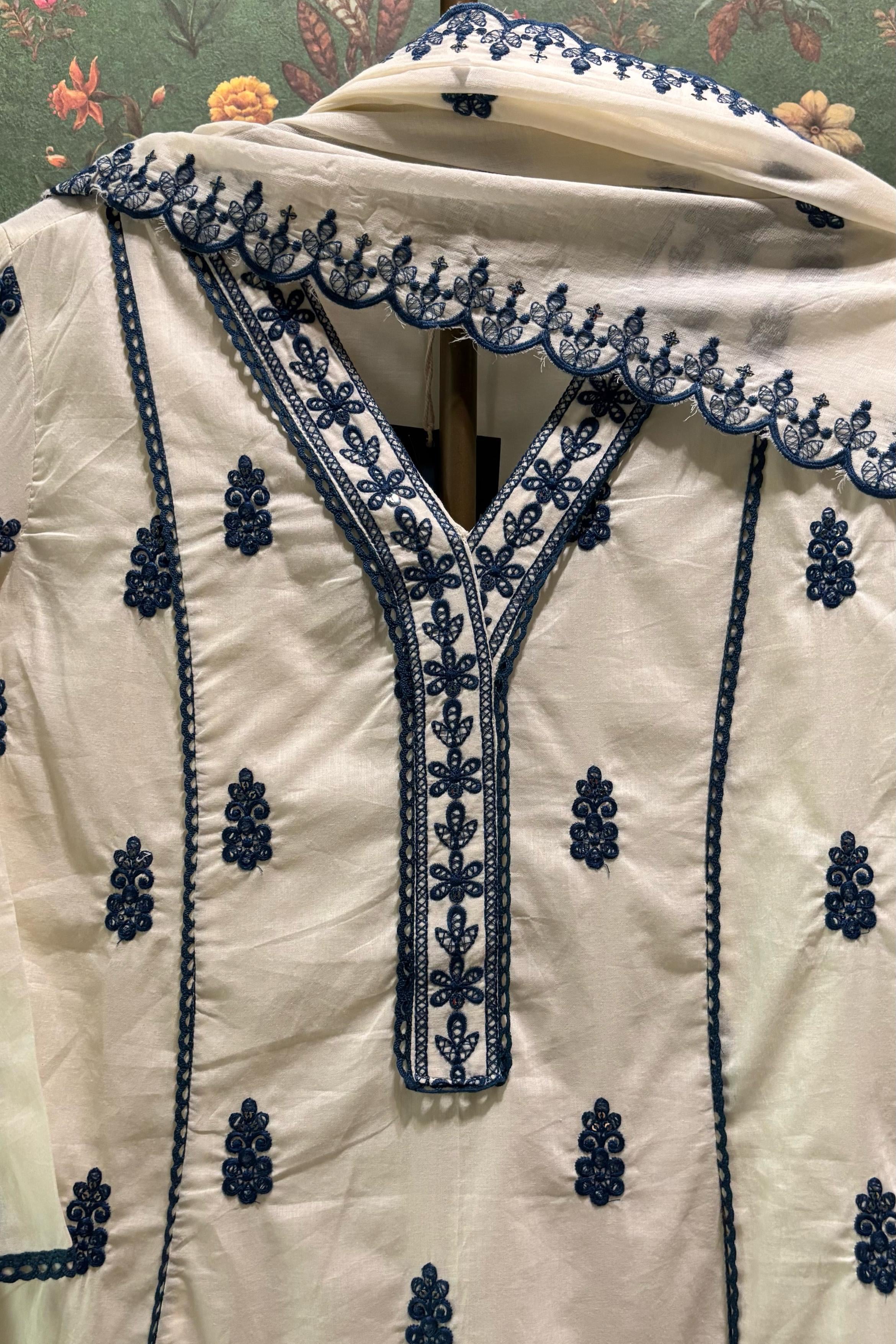 Ivory Cotton Charm Suit Set, Blue | HER-514