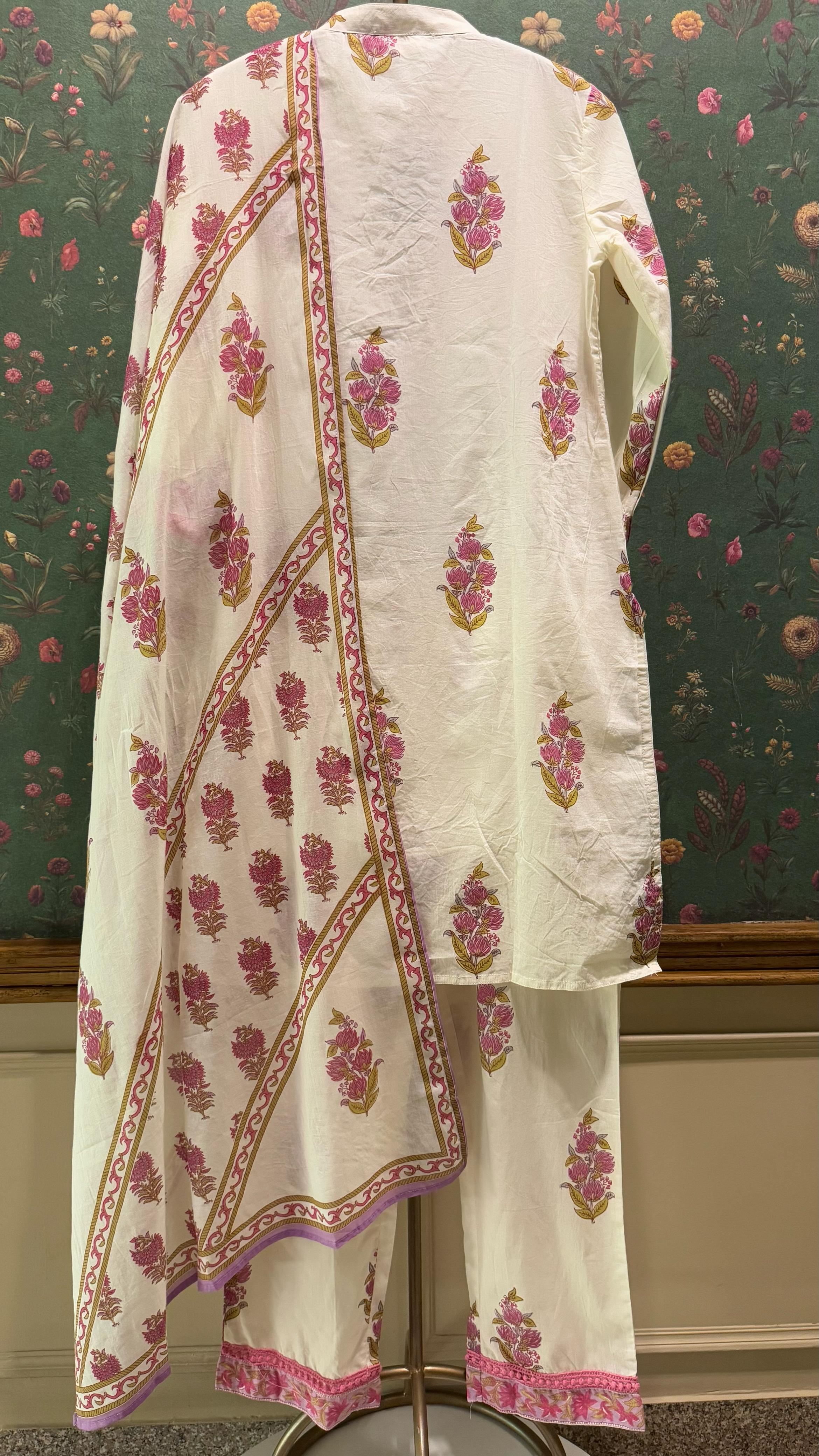 Cream Straight fit Cotton Suit Set